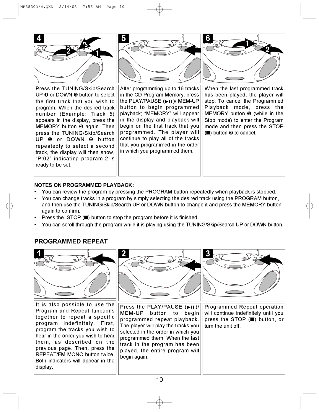 Memorex MP3830O operating instructions Programmed Repeat 