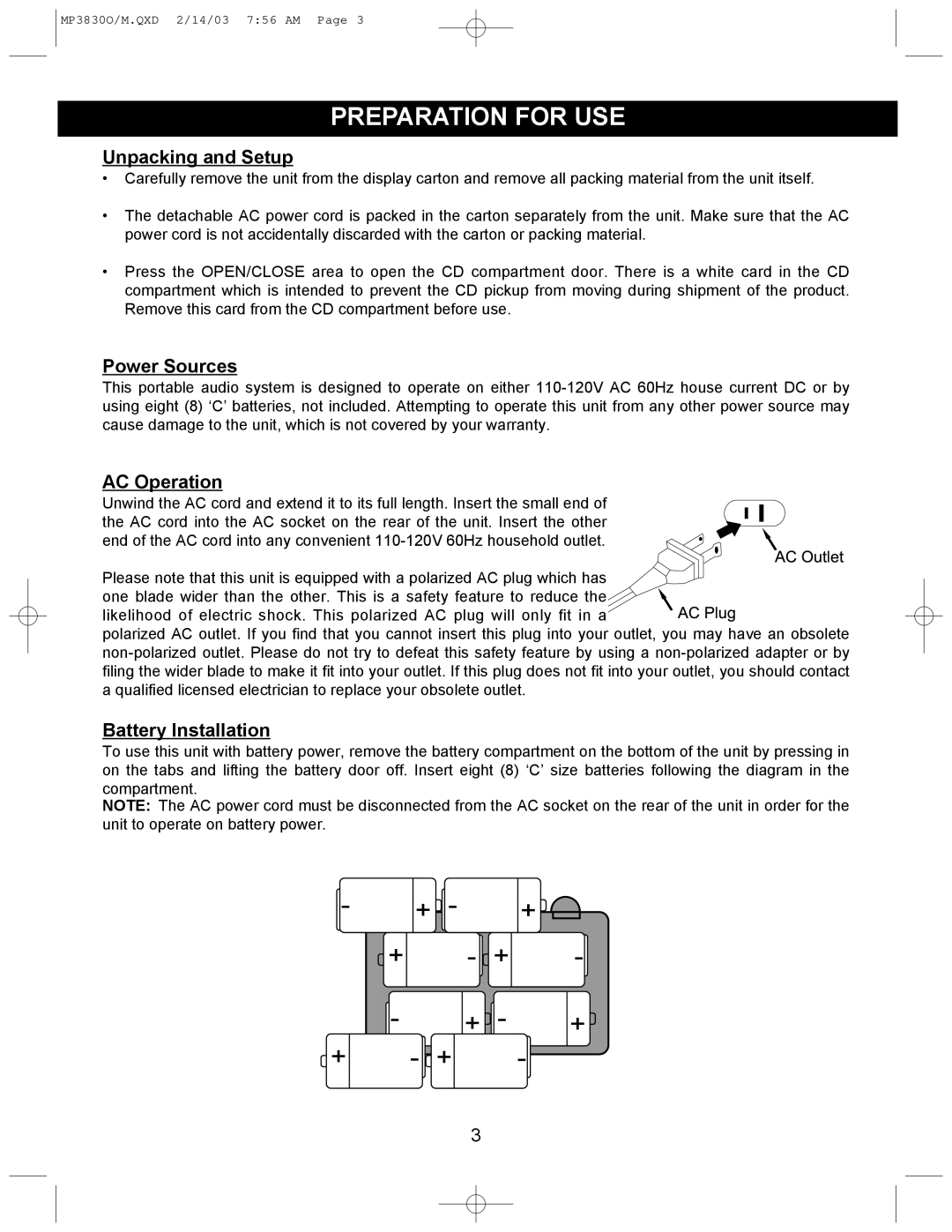 Memorex MP3830O operating instructions Preparation for USE, Unpacking and Setup 