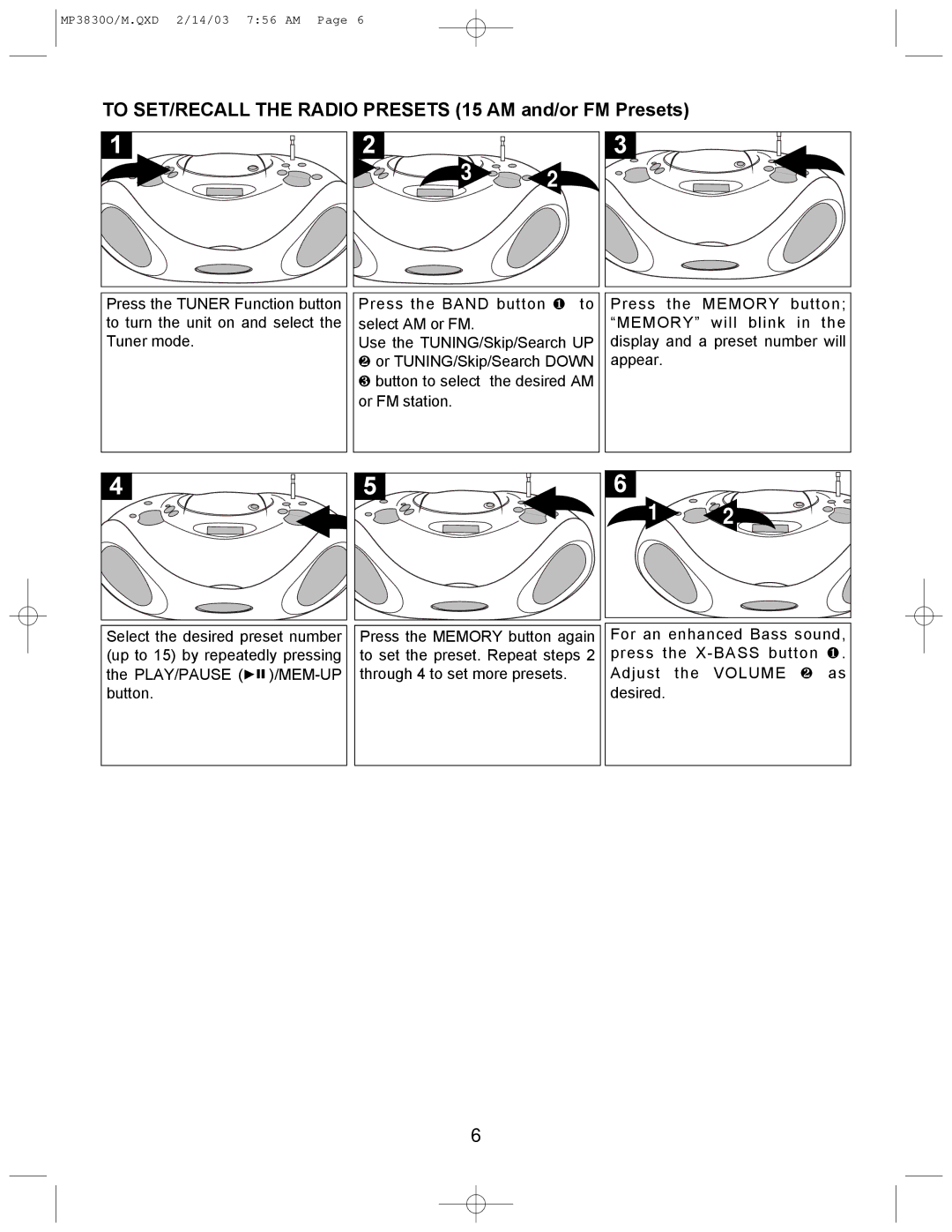 Memorex MP3830O operating instructions To SET/RECALL the Radio Presets 15 AM and/or FM Presets 