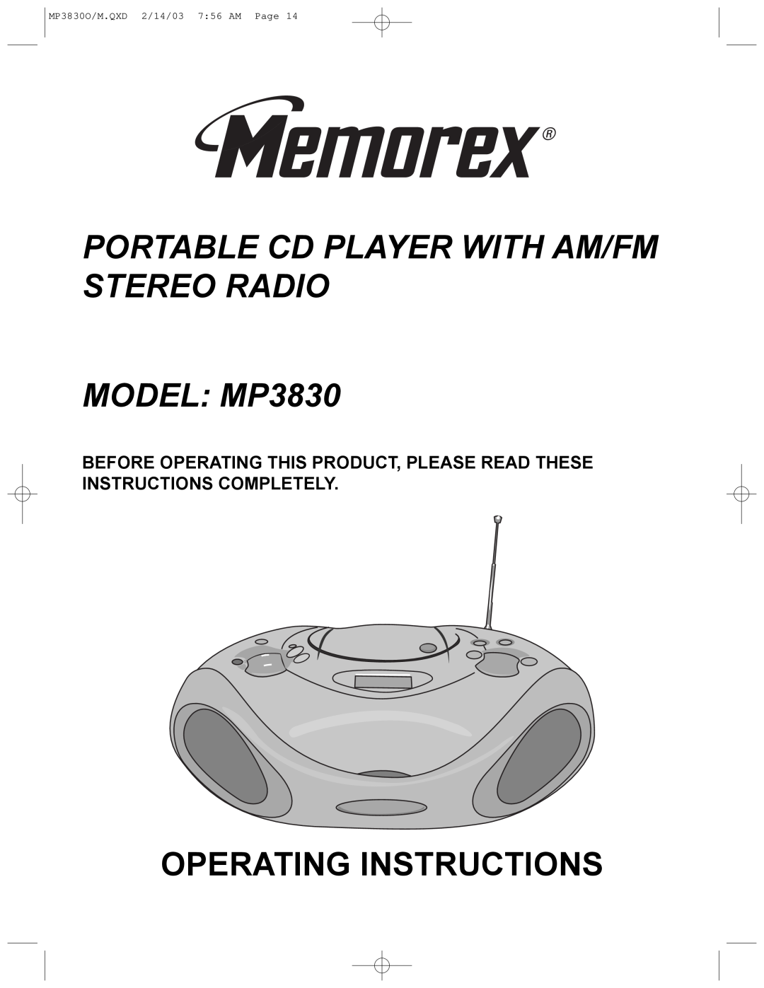 Memorex MP3830O operating instructions Portable Cd Player With Am/Fm Stereo Radio, MODEL: MP3830, Operating Instructions 