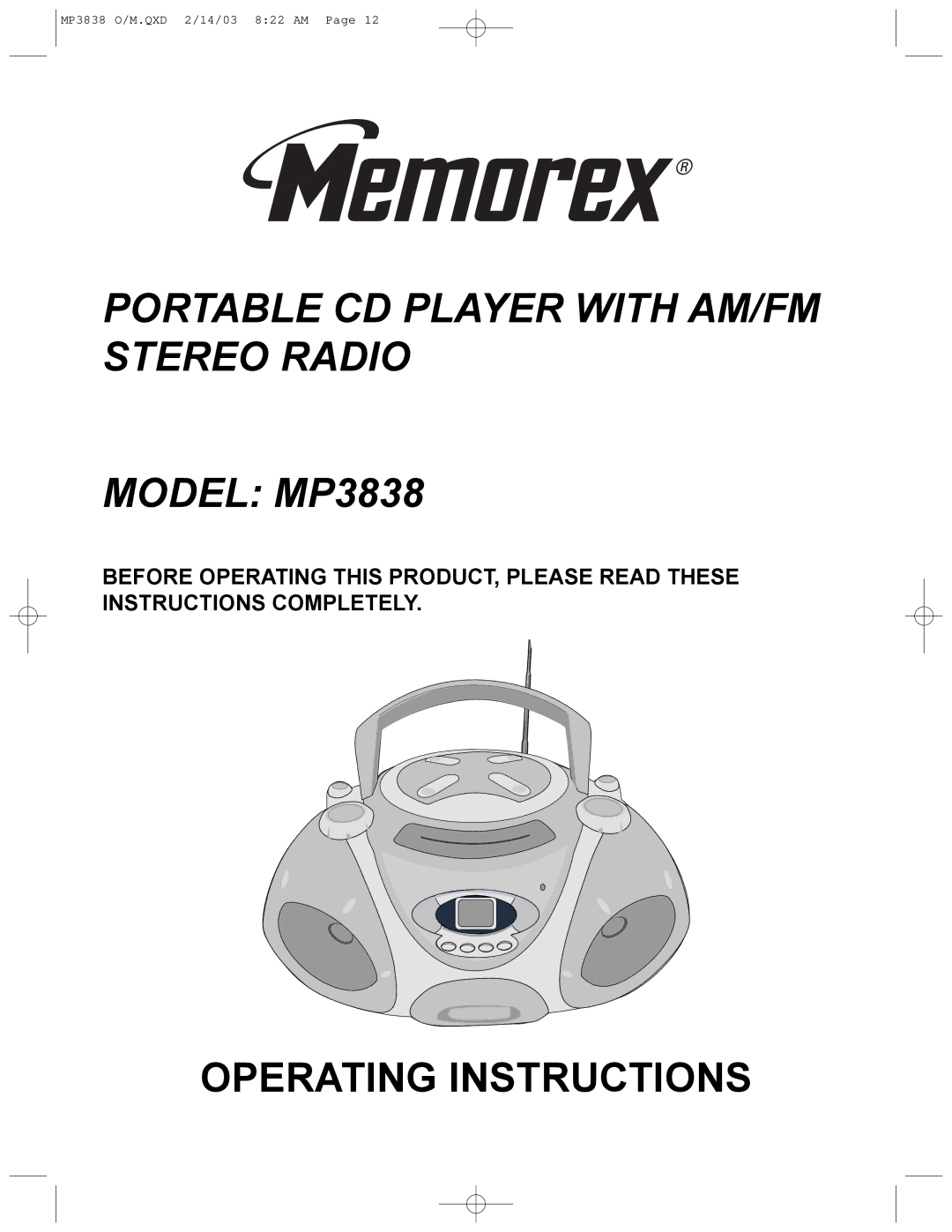 Memorex operating instructions Portable CD Player with AM/FM Stereo Radio Model MP3838 