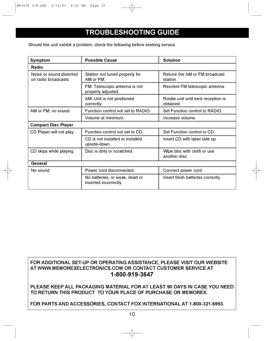 Memorex MP3838 operating instructions Troubleshooting Guide, Symptom Possible Cause Solution Radio 