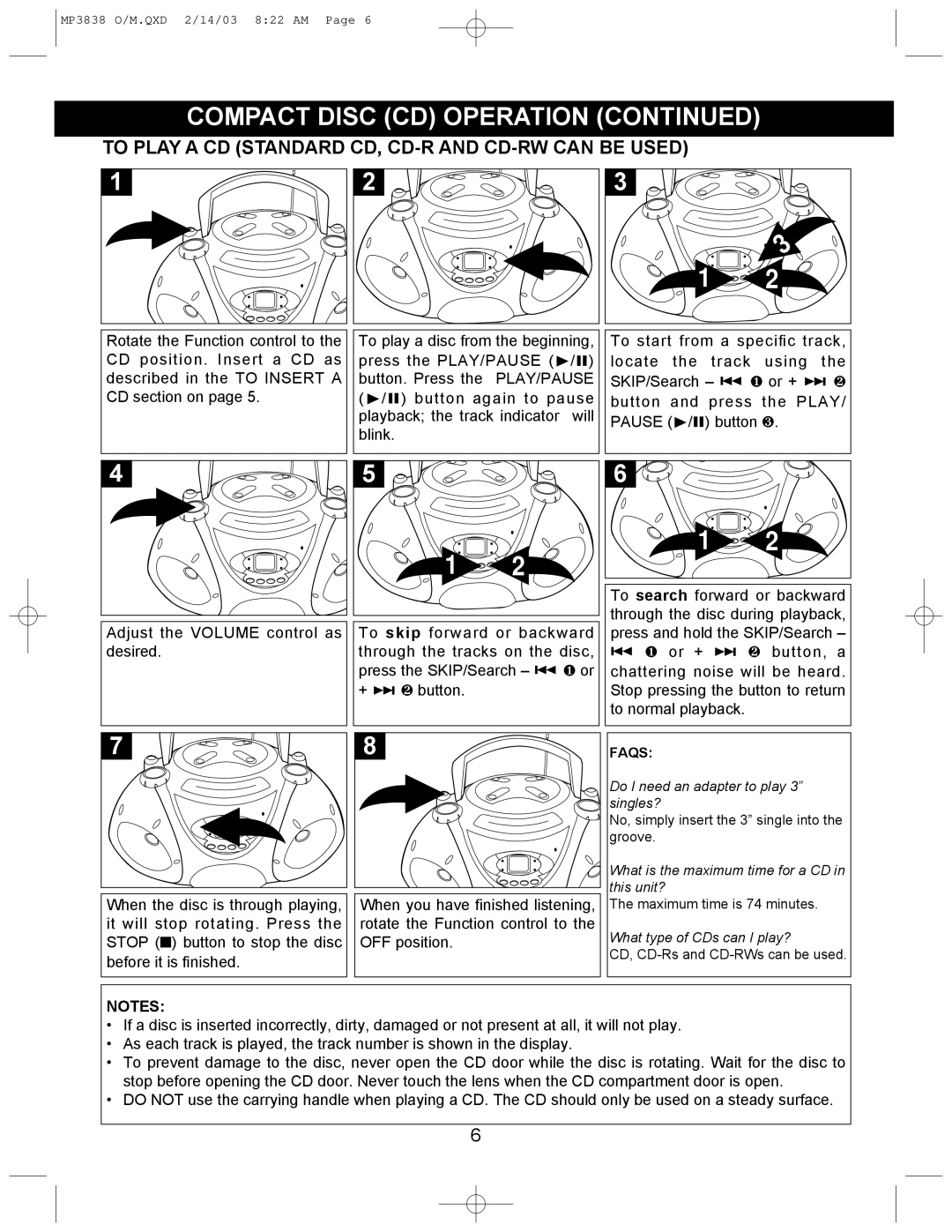 Memorex MP3838 operating instructions To Play a CD Standard CD, CD-R and CD-RW can be Used, Faqs 