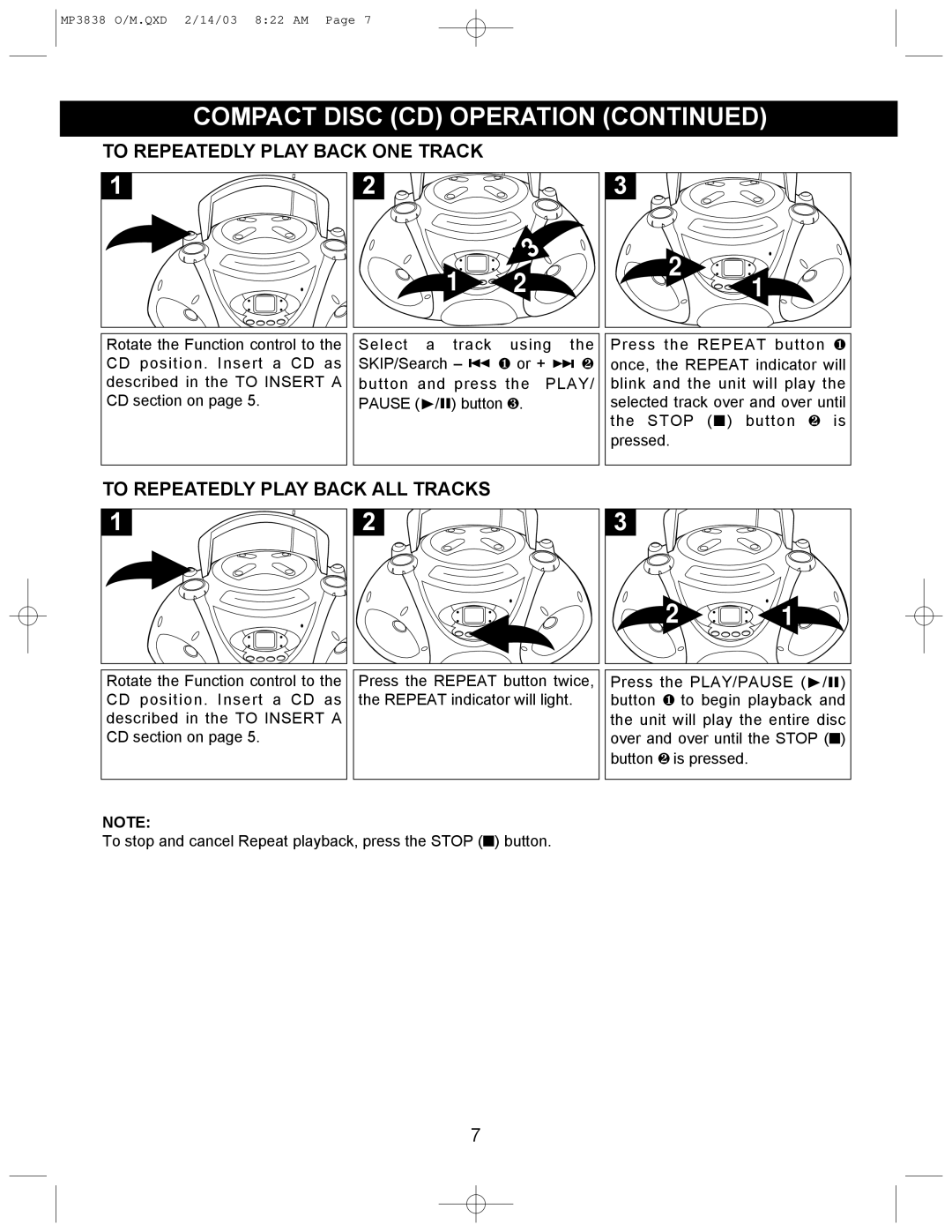 Memorex MP3838 operating instructions To Repeatedly Play Back ONE Track, To Repeatedly Play Back ALL Tracks 