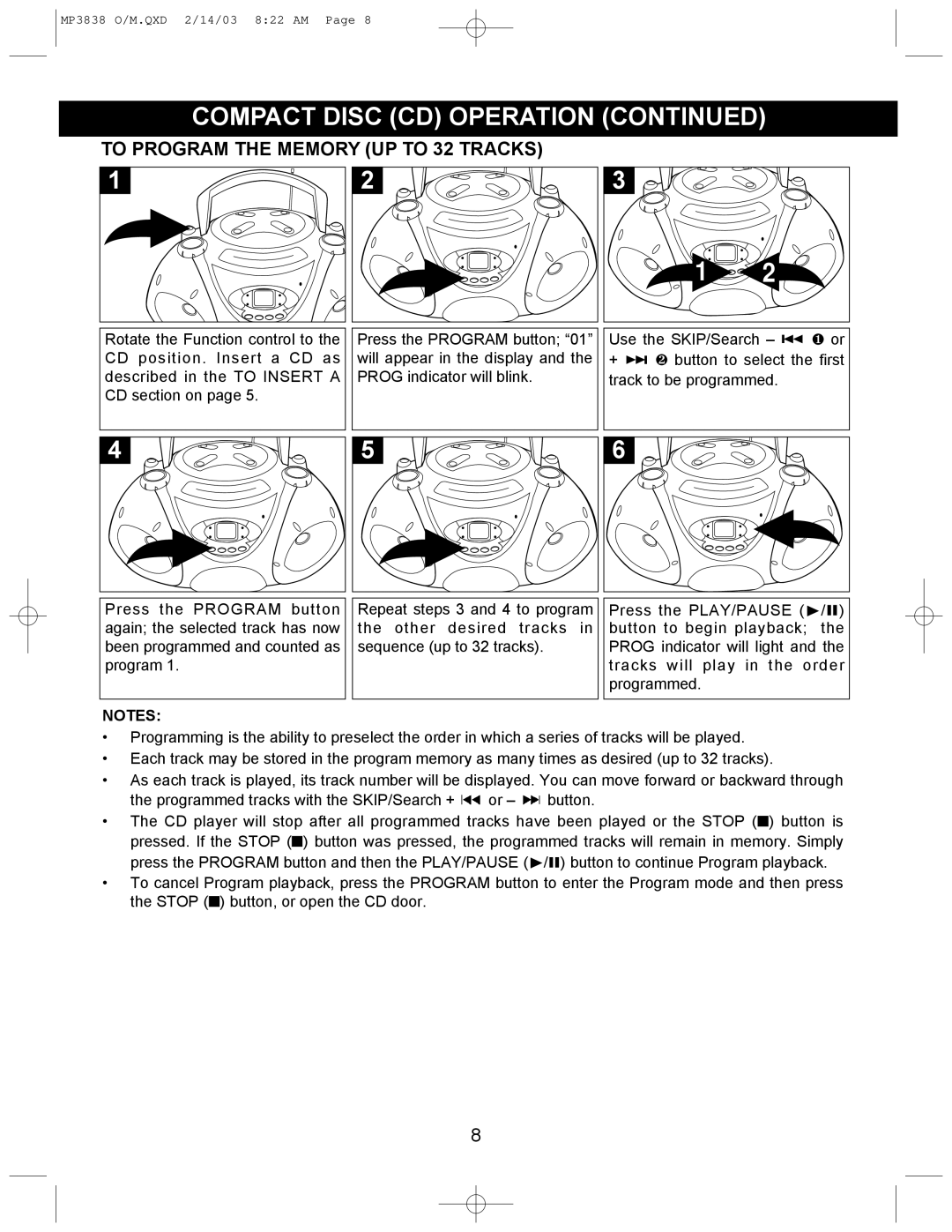 Memorex MP3838 operating instructions To Program the Memory UP to 32 Tracks 