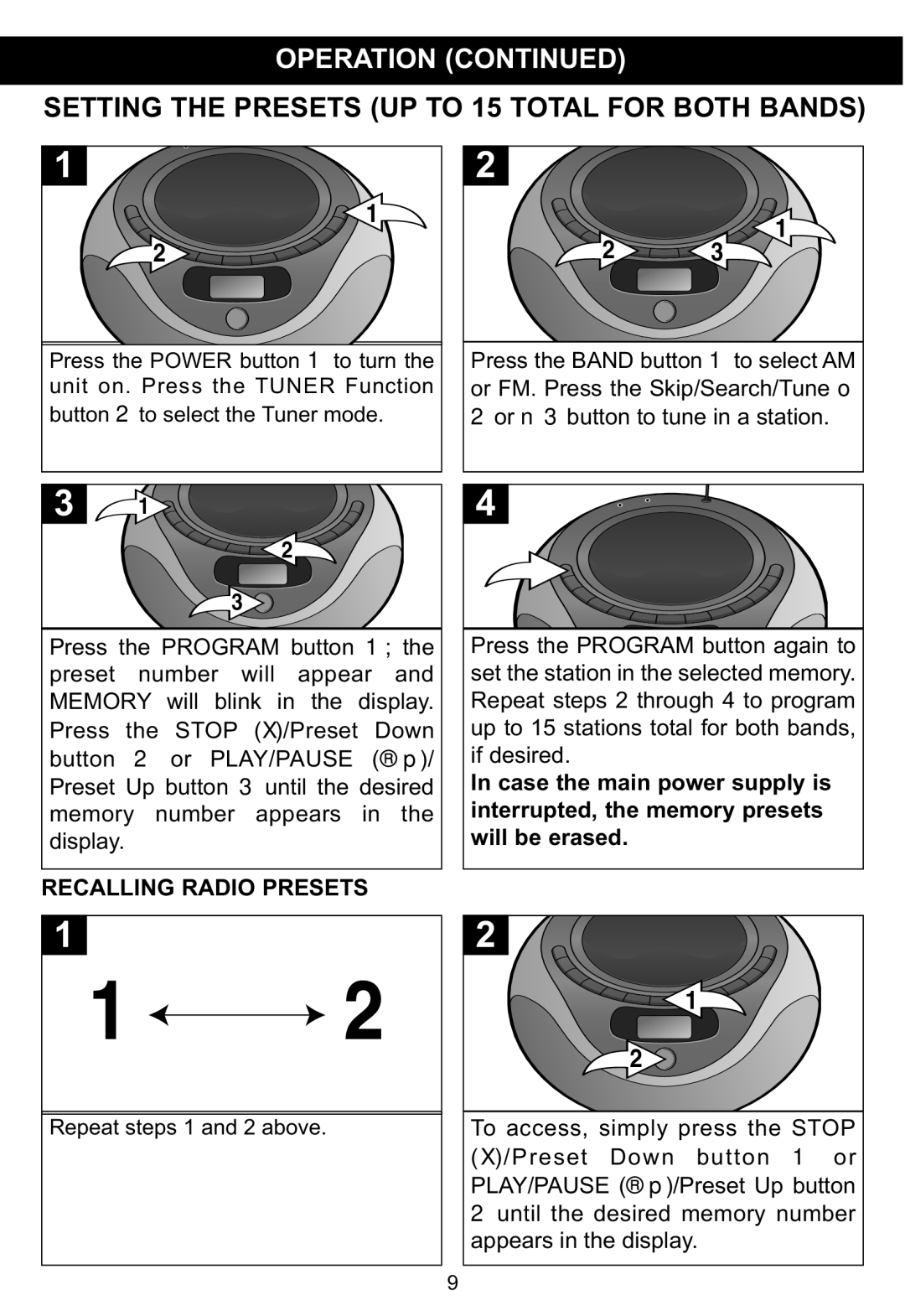 Memorex MP3848 manual Setting the Presets UP to 15 Total for Both Bands, Recalling Radio Presets 