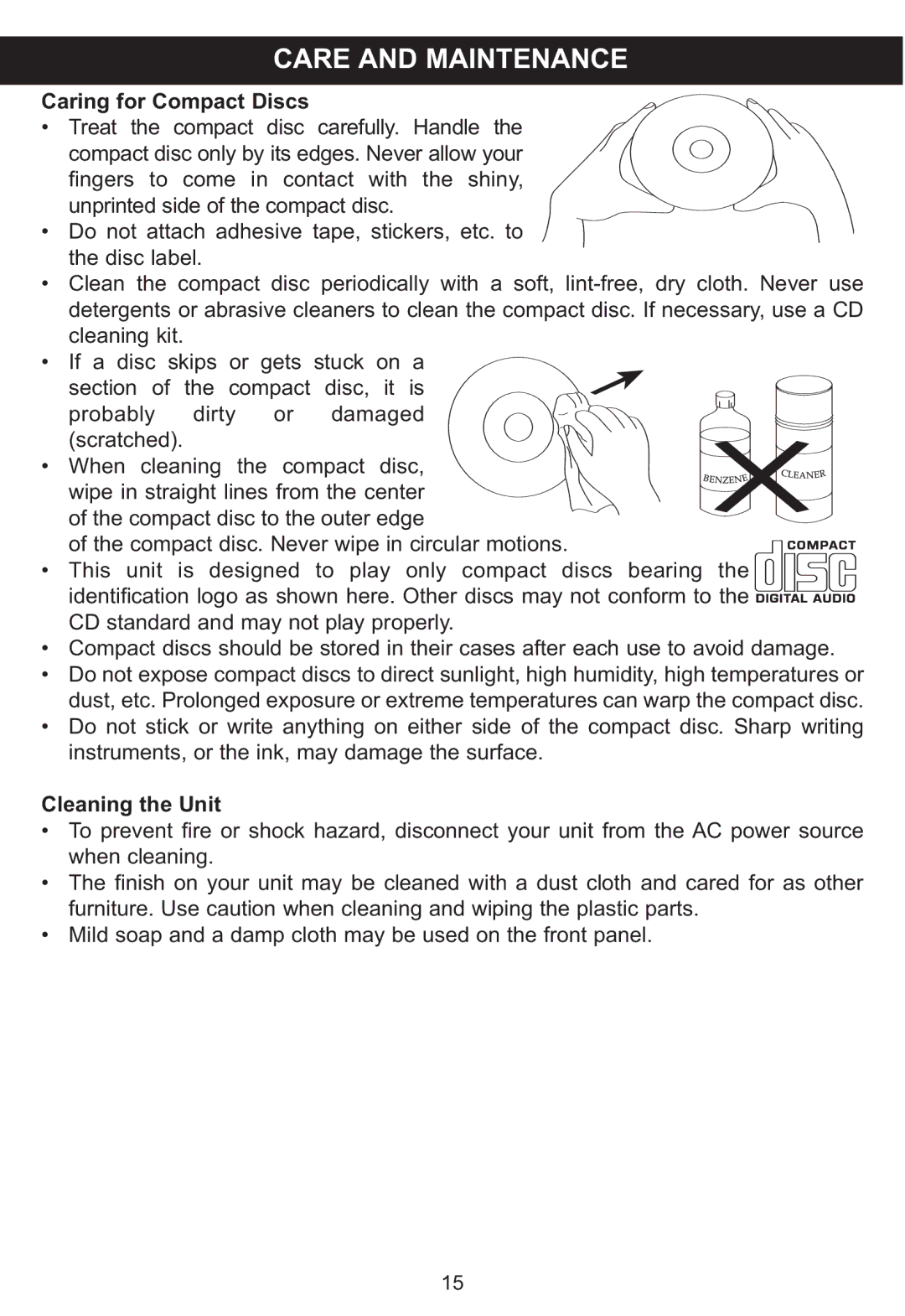 Memorex MP3848 manual Care and Maintenance, Caring for Compact Discs 