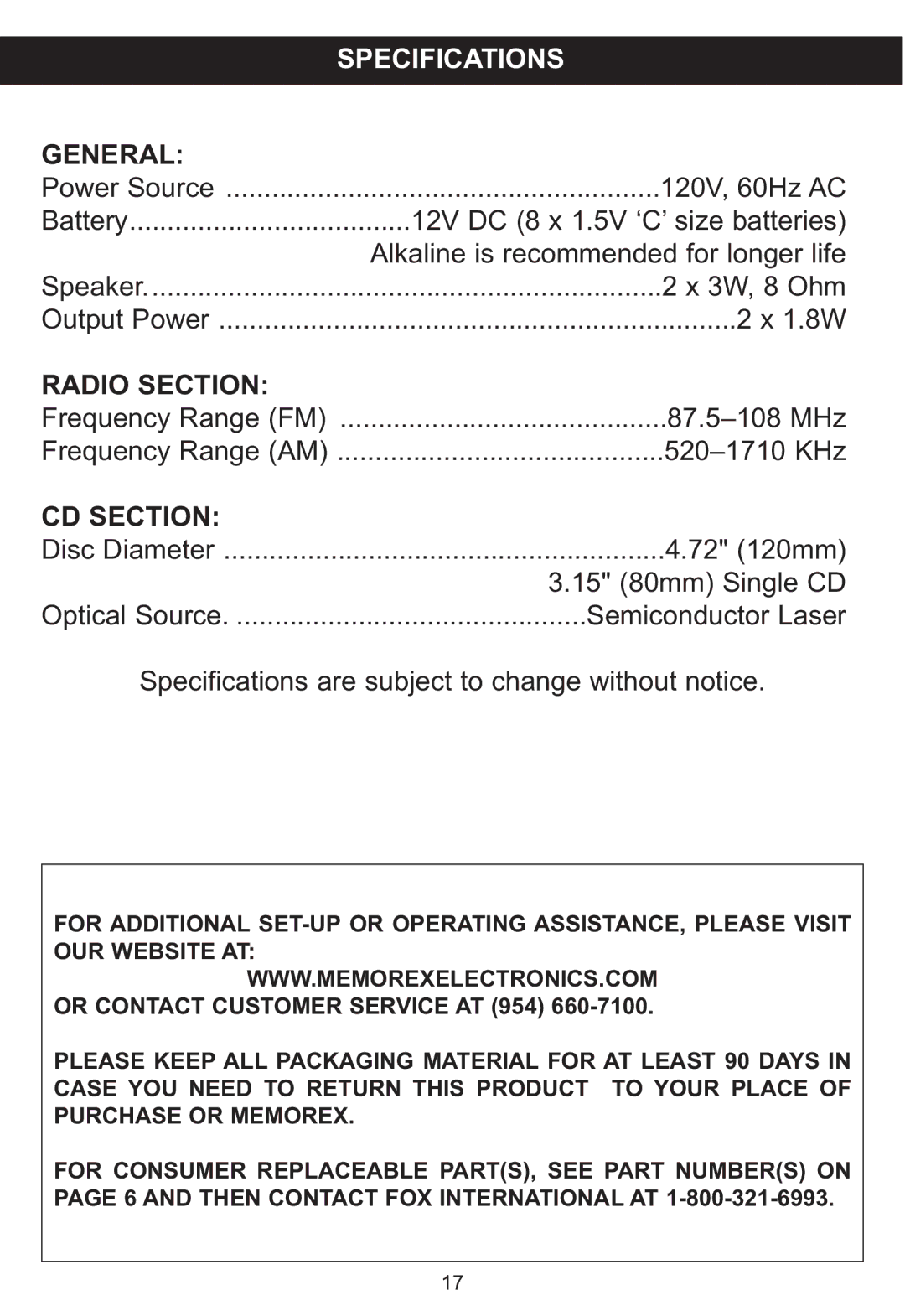 Memorex MP3848 manual Specifications, Radio Section 