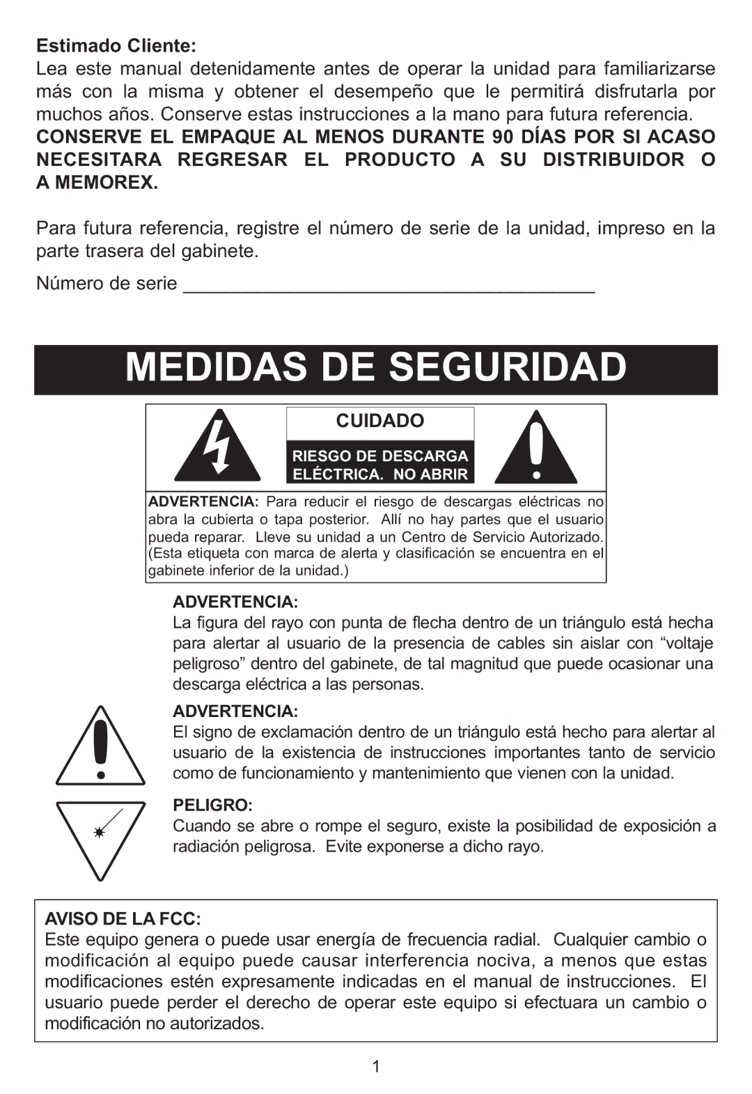 Memorex MP3848 manual Cuidado, Aviso DE LA FCC, Advertencia, Peligro 