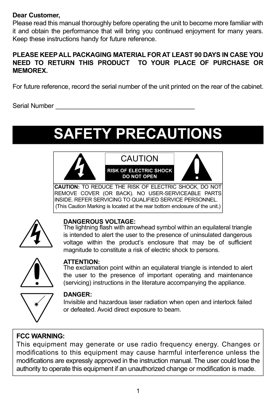 Memorex MP3848 manual Dear Customer, FCC Warning 