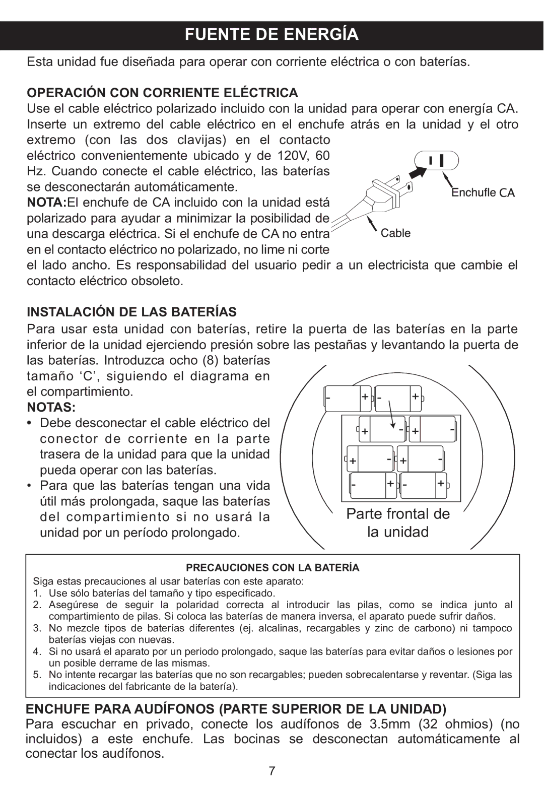 Memorex MP3848 manual Fuente DE Energía, Operación CON Corriente Eléctrica, Instalación DE LAS Baterías, Notas 