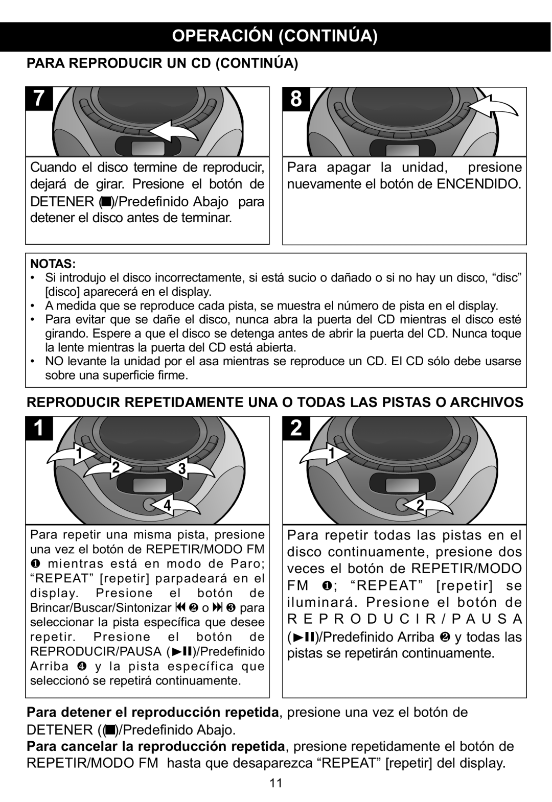 Memorex MP3848 manual Para Reproducir UN CD Continúa, Reproducir Repetidamente UNA O Todas LAS Pistas O Archivos, Notas 