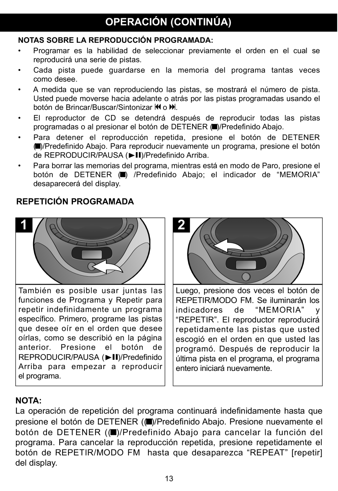 Memorex MP3848 manual Repetición Programada, Notas Sobre LA Reproducción Programada 