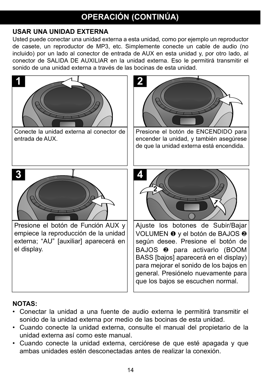 Memorex MP3848 manual Usar UNA Unidad Externa, Notas 