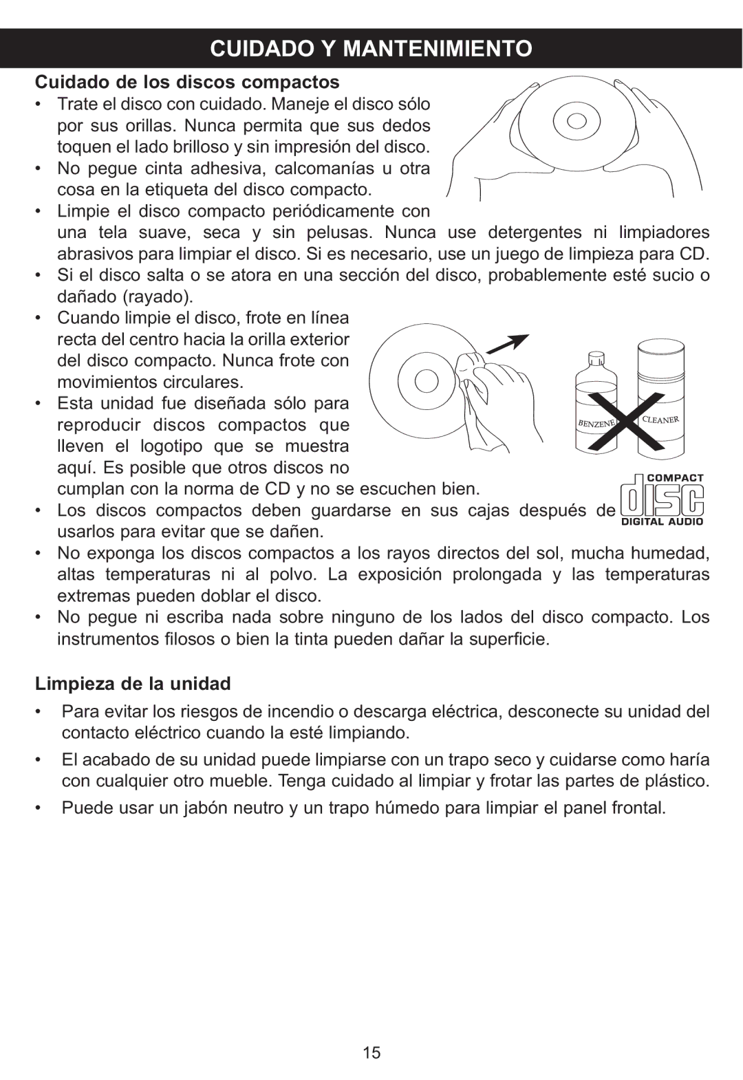 Memorex MP3848 manual Cuidado Y Mantenimiento, Cuidado de los discos compactos 