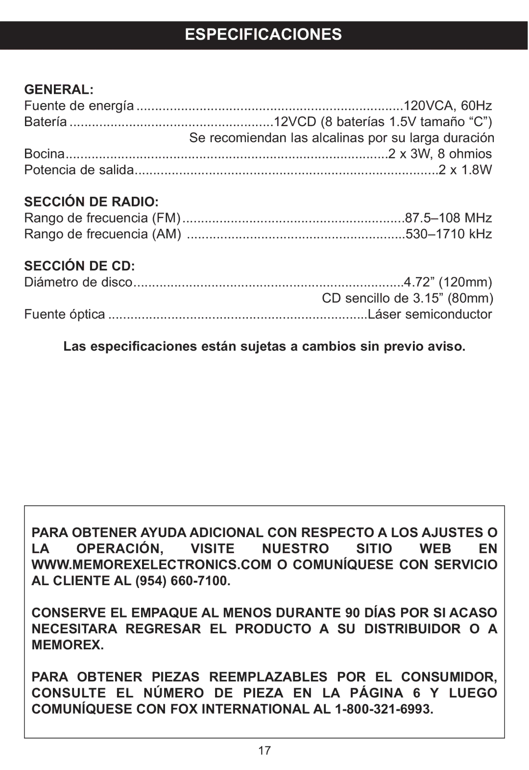 Memorex MP3848 manual Especificaciones 