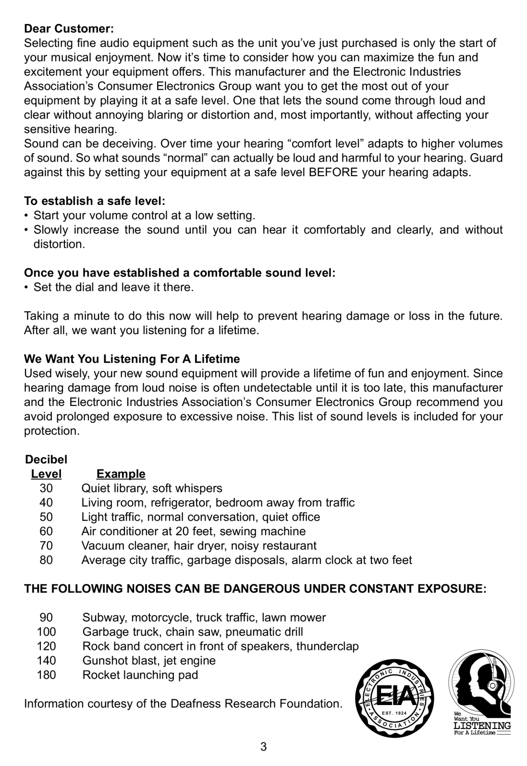 Memorex MP3848 manual Dear Customer, Following Noises can be Dangerous Under Constant Exposure 