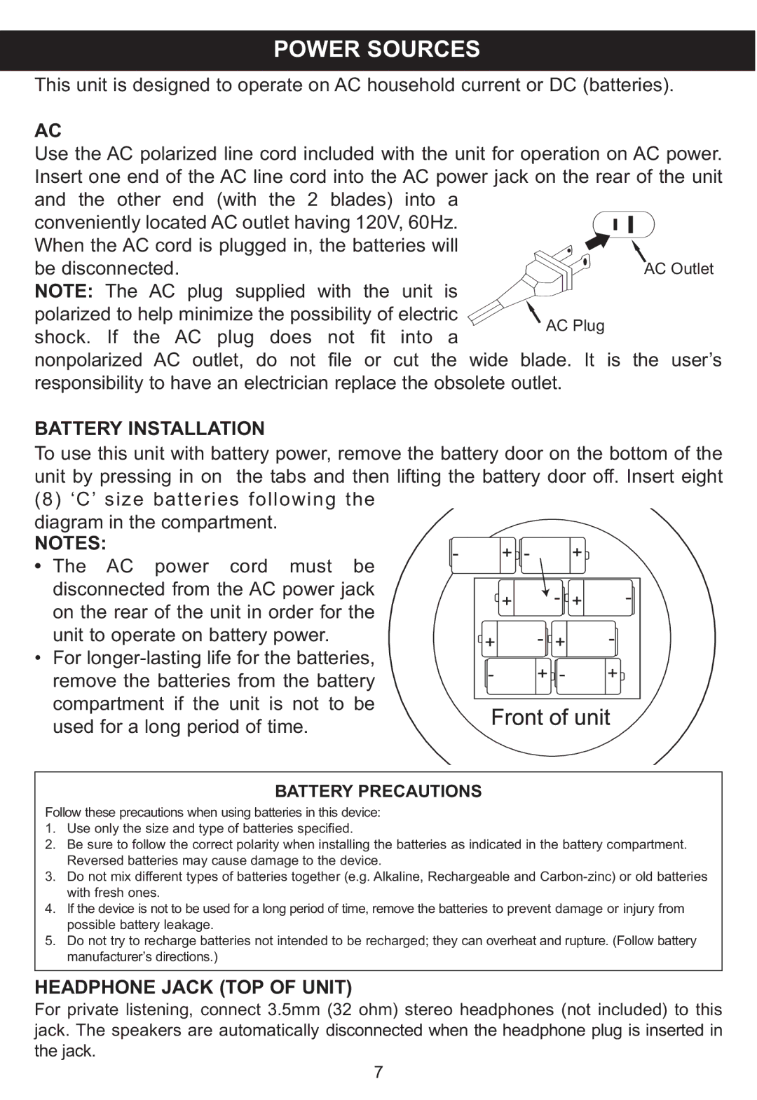 Memorex MP3848 manual Power Sources, Battery Installation, Headphone Jack TOP of Unit, Battery Precautions 