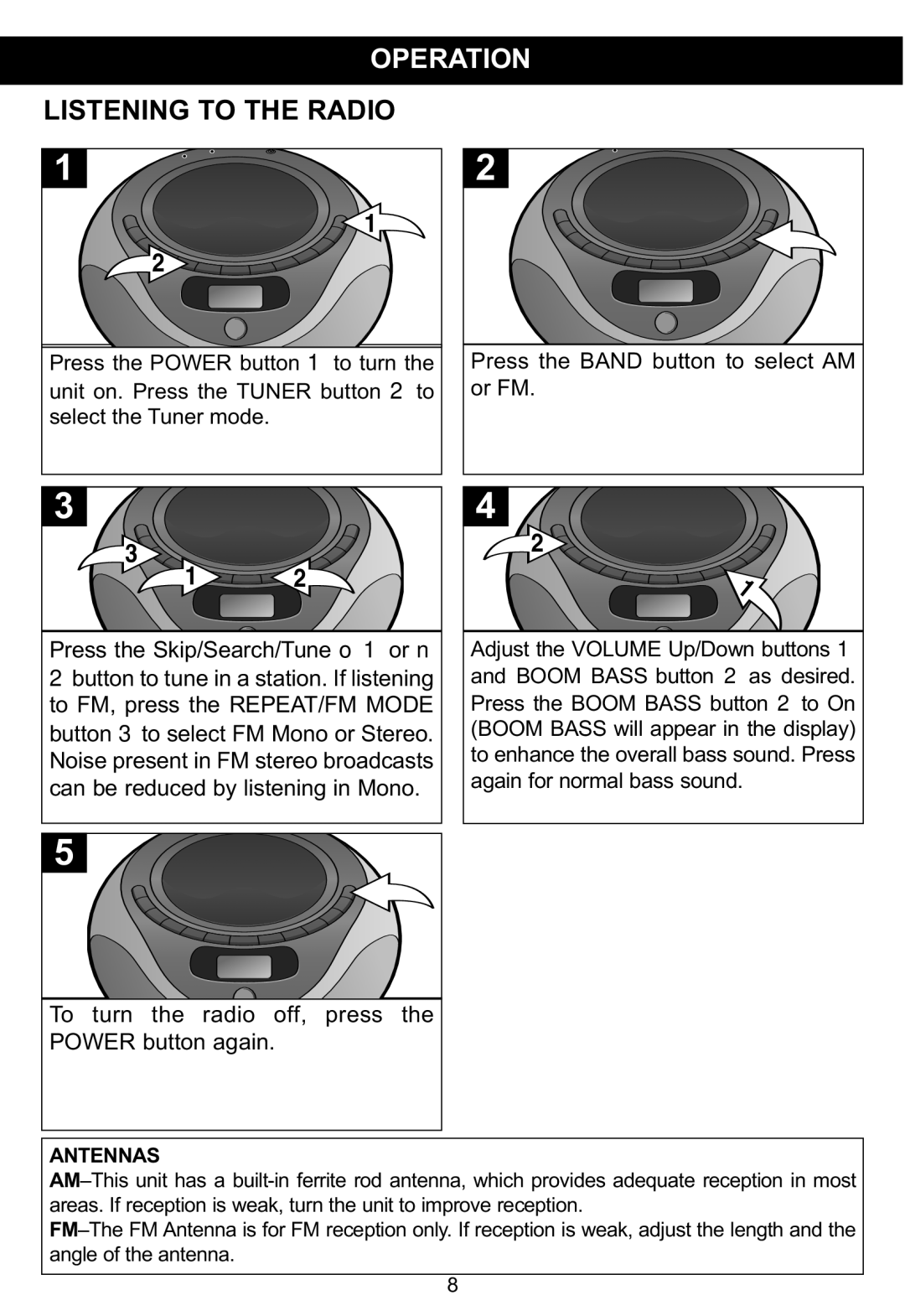 Memorex MP3848 manual Operation, Antennas 