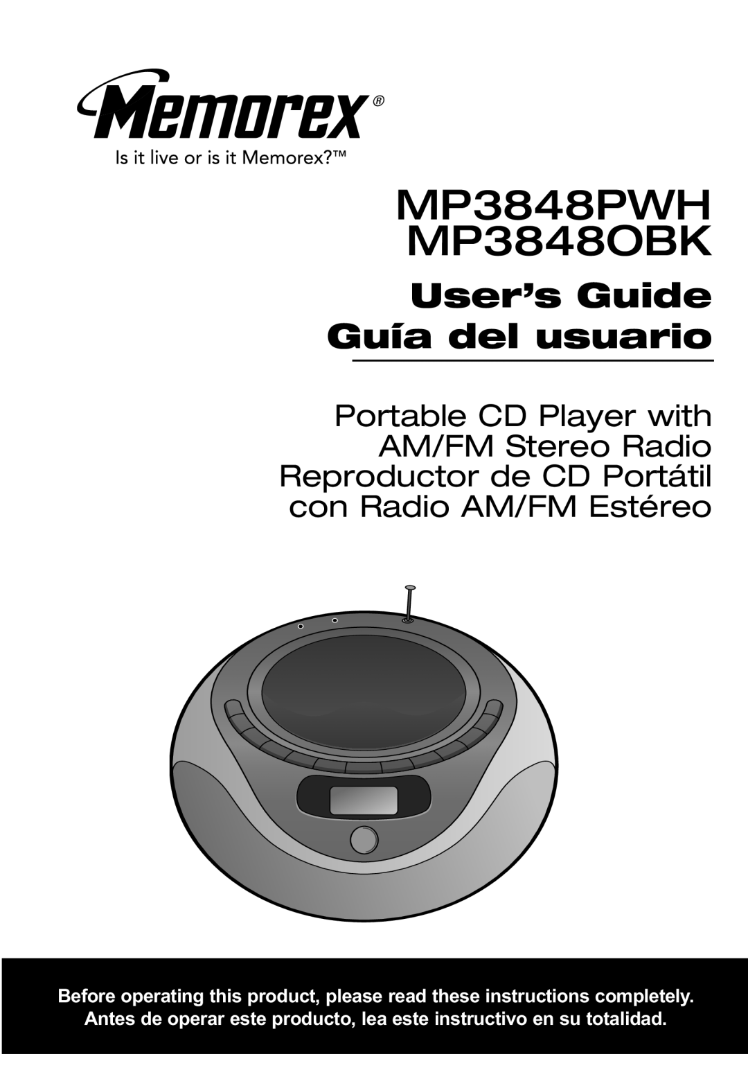 Memorex manual MP3848PWH MP3848OBK, User’s Guide Guía del usuario 