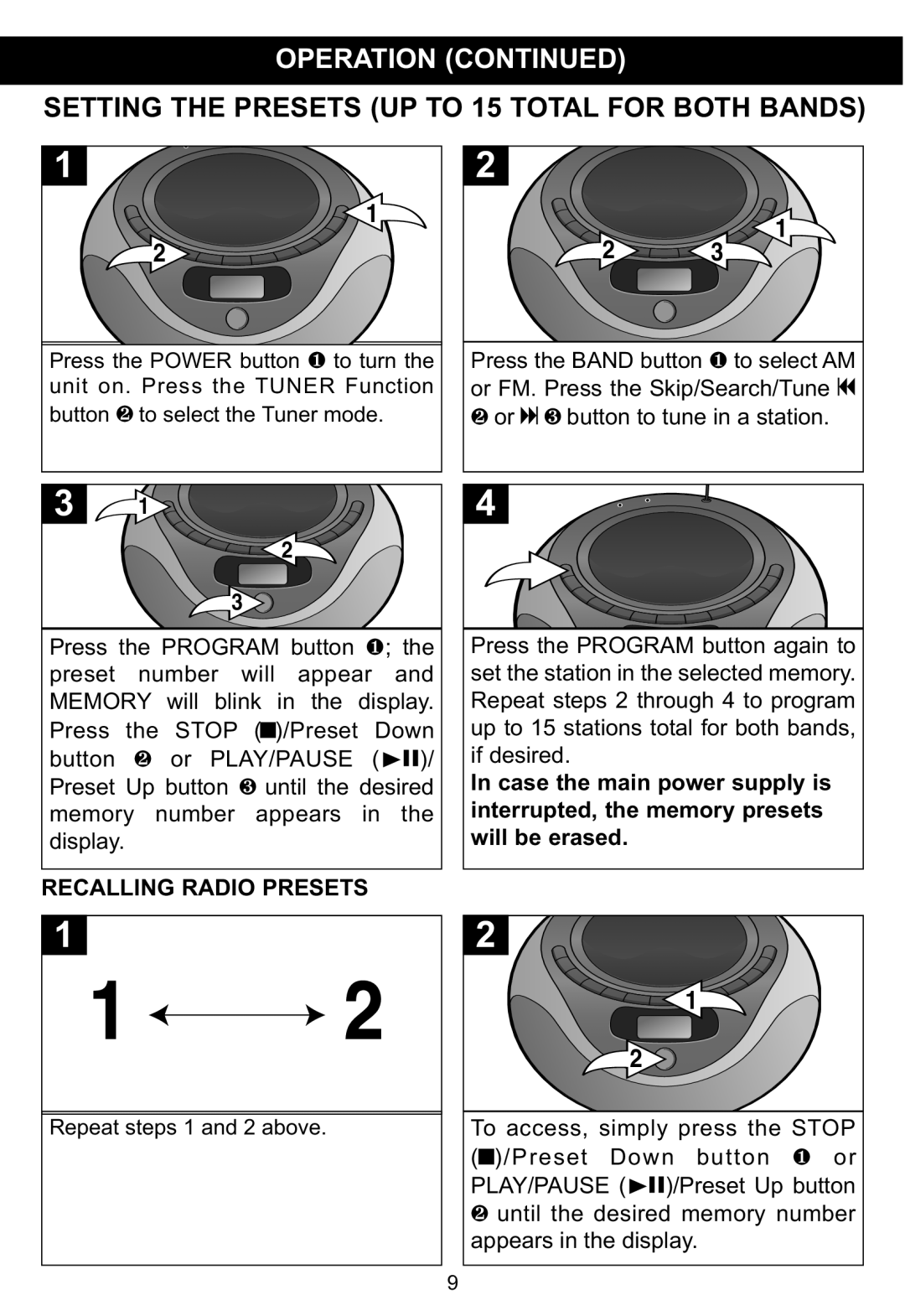 Memorex MP3848 manual Operation Continued, SETTING THE PRESETS UP TO 15 TOTAL FOR BOTH BANDS, Recalling Radio Presets 