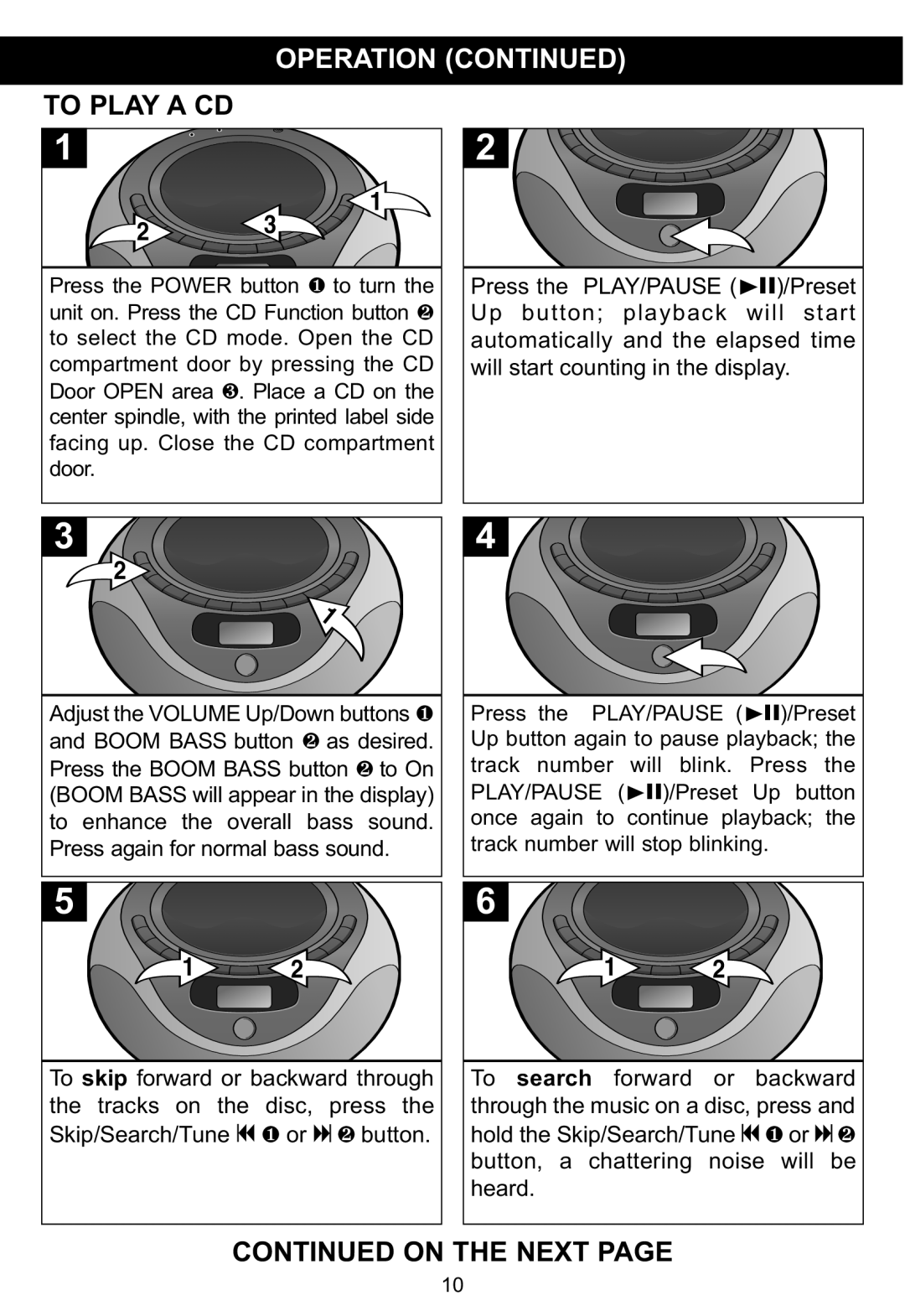 Memorex MP3848 manual To Play A Cd, Continued On The Next Page, Operation Continued 