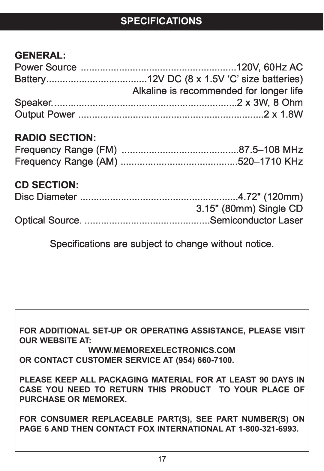 Memorex MP3848 manual Specifications, Radio Section 