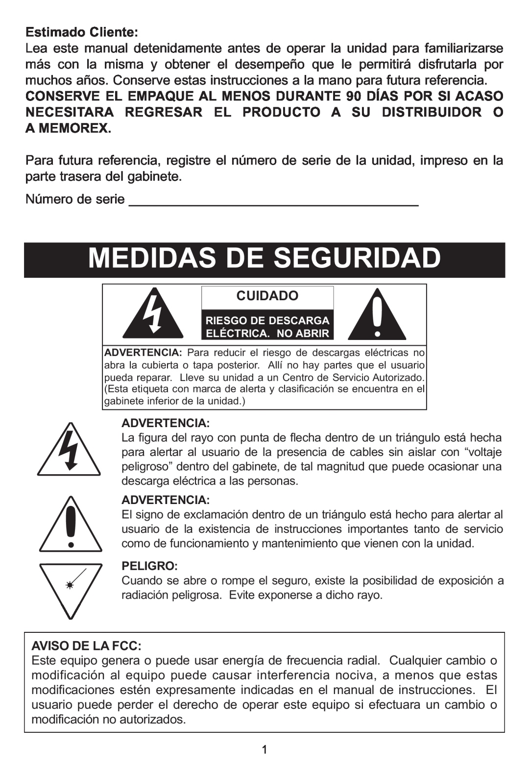 Memorex MP3848 manual Estimado Cliente, Cuidado, Aviso De La Fcc, Advertencia, Peligro 