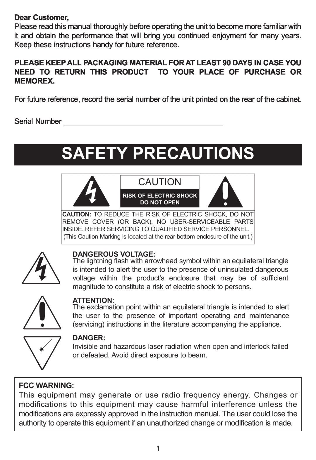 Memorex MP3848 manual Fcc Warning, Dangerous Voltage 