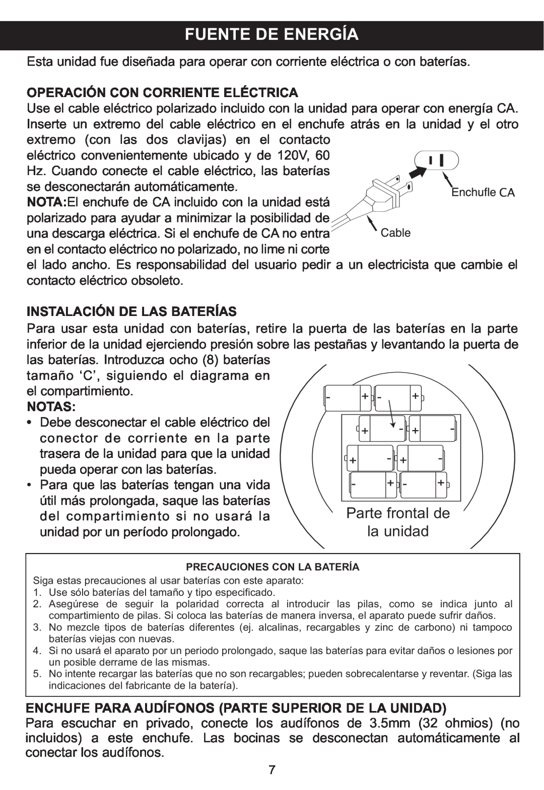 Memorex MP3848 manual Fuente De Energía, Parte frontal de, la unidad, Operación Con Corriente Eléctrica, Notas 