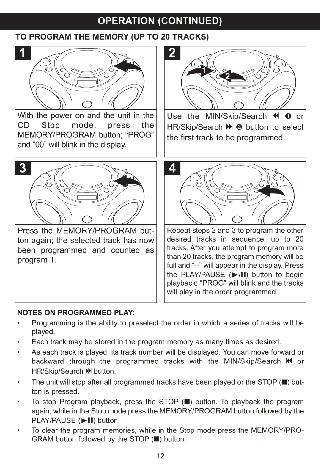 Memorex MP3851SP manual To Program the Memory UP to 20 Tracks 