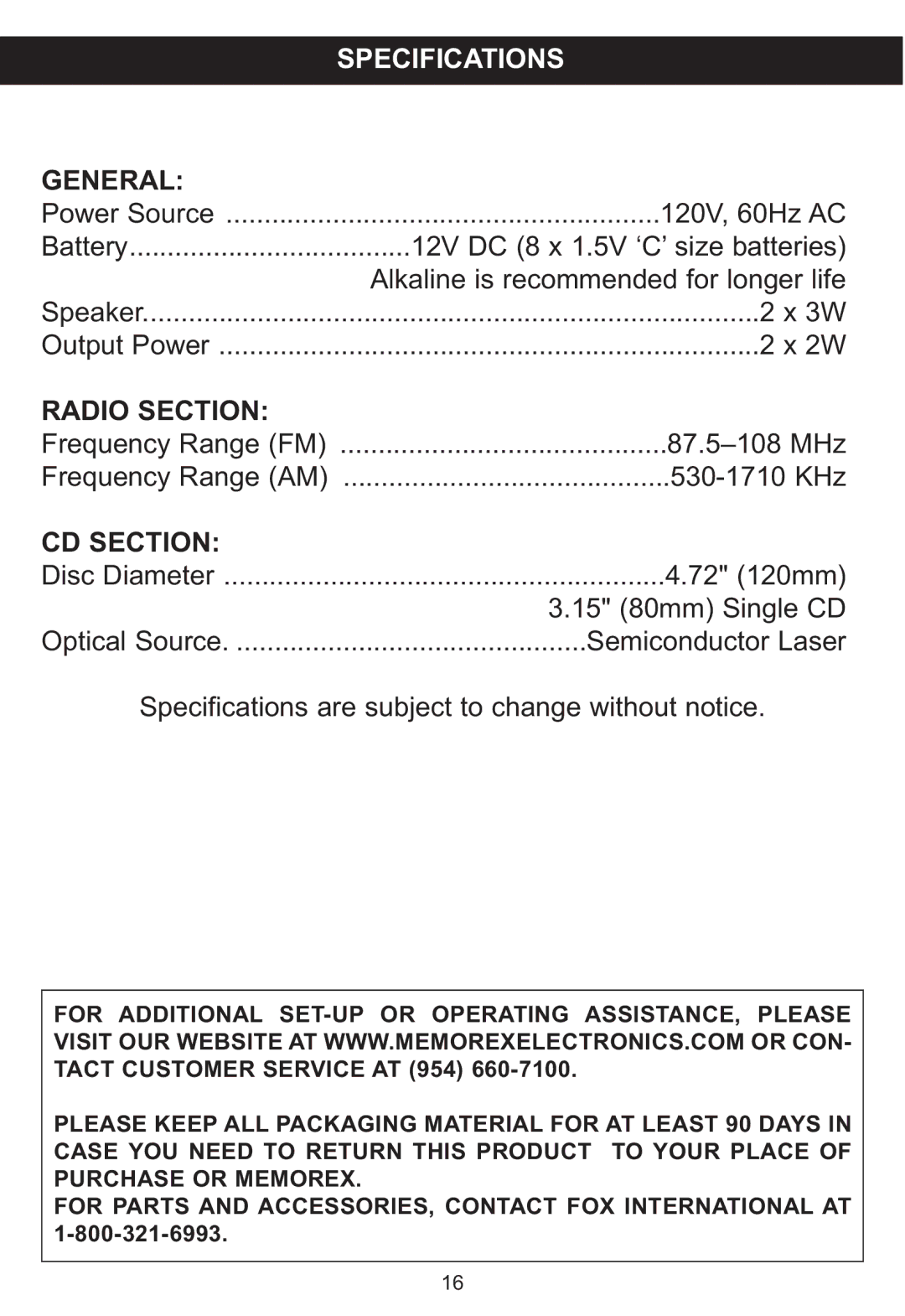 Memorex MP3851SP manual Specifications, Radio Section 