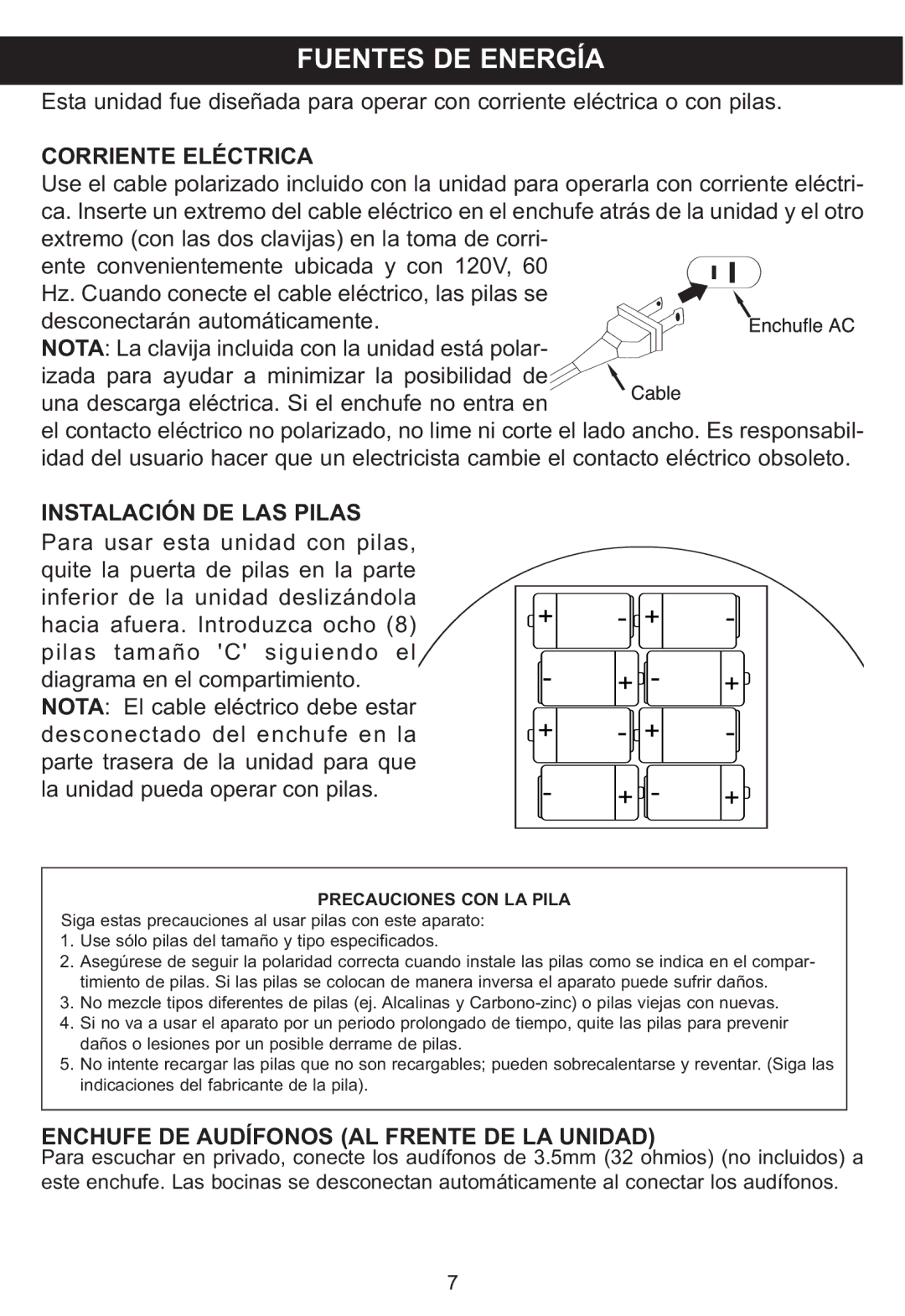 Memorex MP3851SP manual Fuentes DE Energía, Corriente Eléctrica, Enchufe DE Audífonos AL Frente DE LA Unidad 