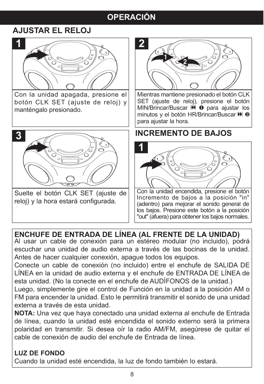 Memorex MP3851SP manual Operación, LUZ DE Fondo 