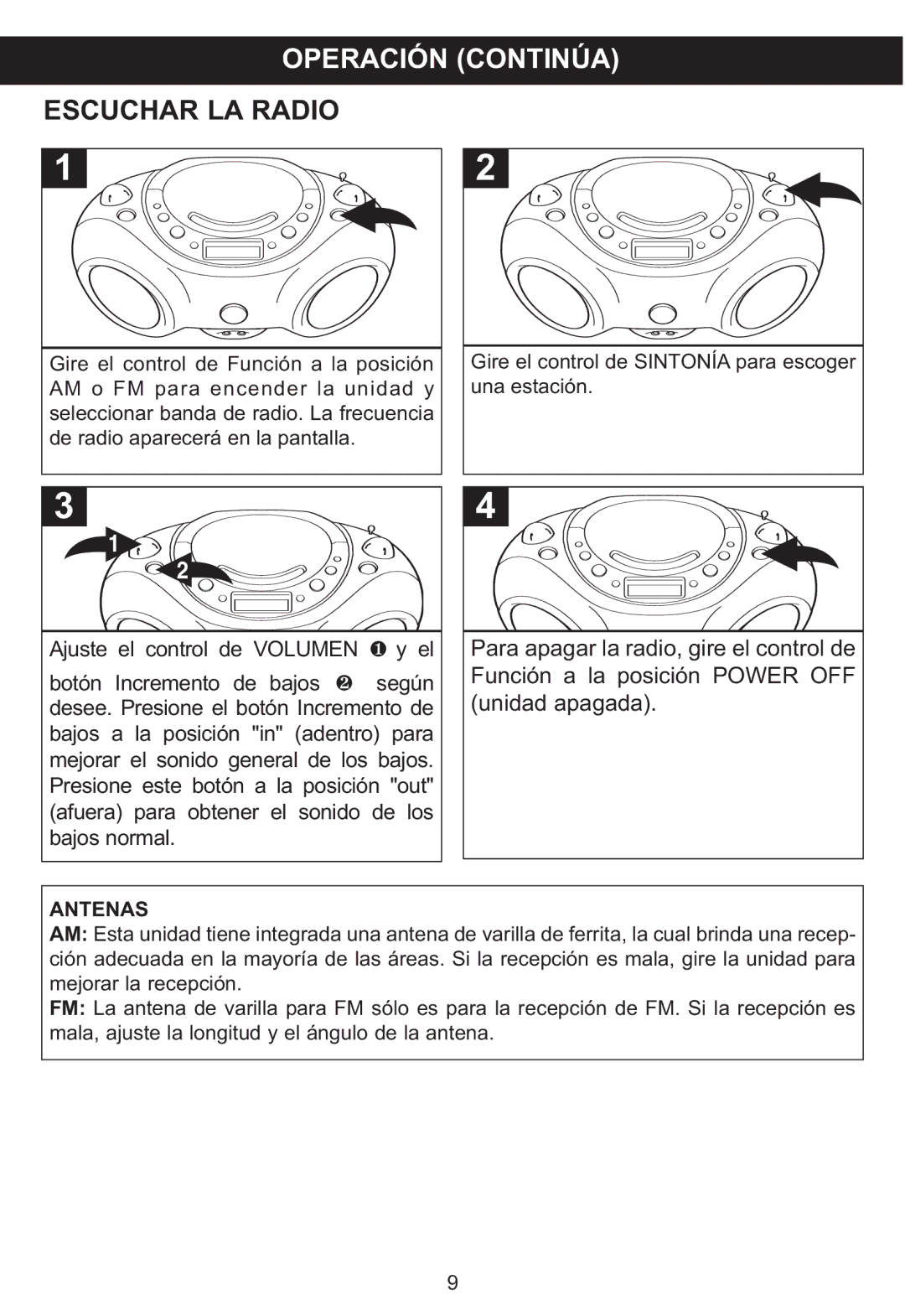 Memorex MP3851SP manual Operación Continúa Escuchar LA Radio, Antenas 