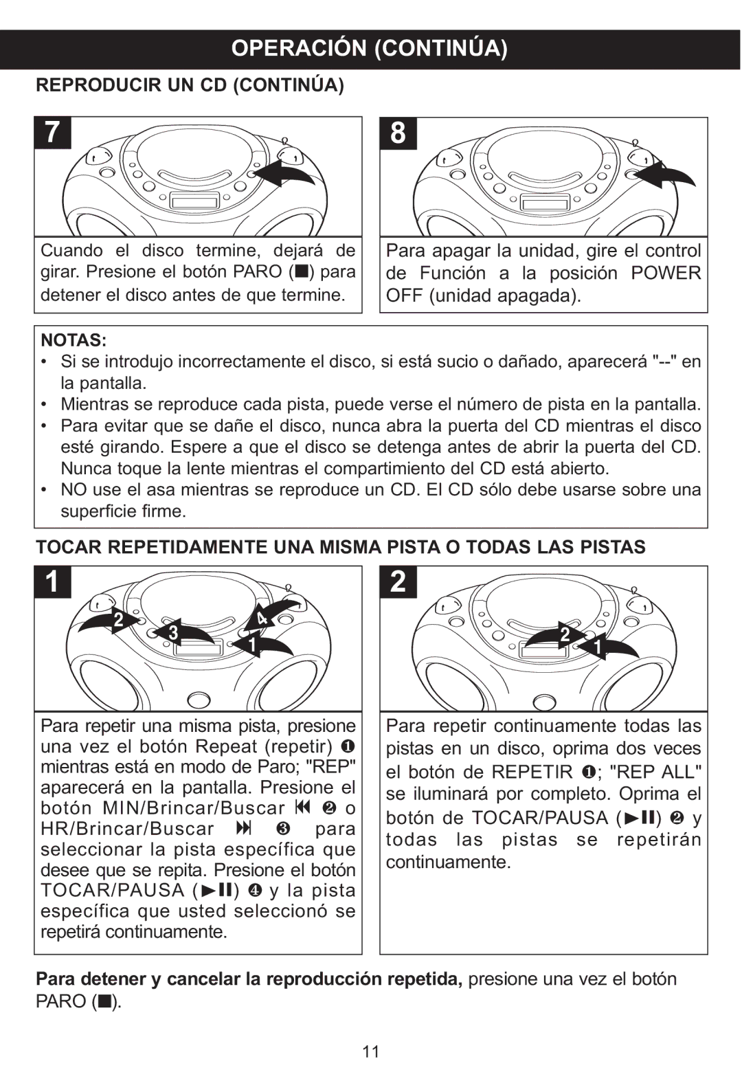 Memorex MP3851SP manual Operación Continúa, Reproducir UN CD Continúa, Notas 