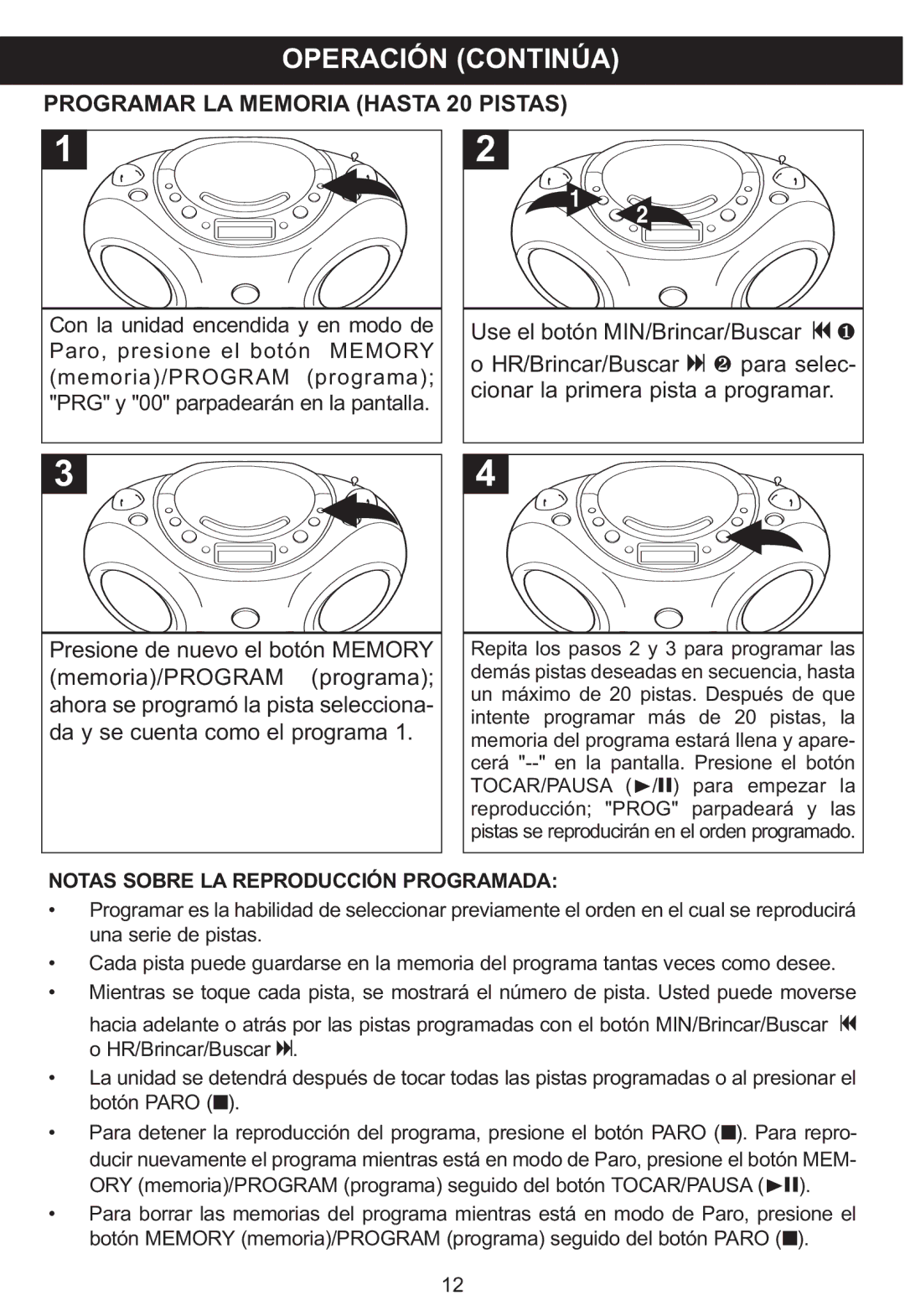 Memorex MP3851SP manual Programar LA Memoria Hasta 20 Pistas, Notas Sobre LA Reproducción Programada 