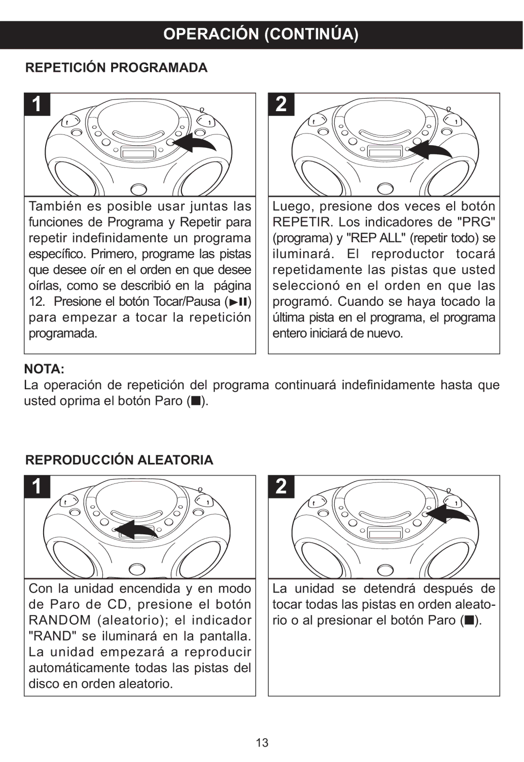 Memorex MP3851SP manual Repetición Programada, Nota, Reproducción Aleatoria 