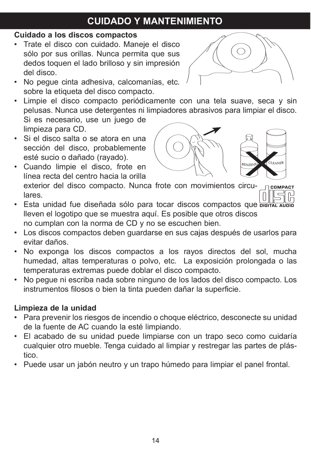 Memorex MP3851SP manual Cuidado Y Mantenimiento, Cuidado a los discos compactos, Limpieza de la unidad 