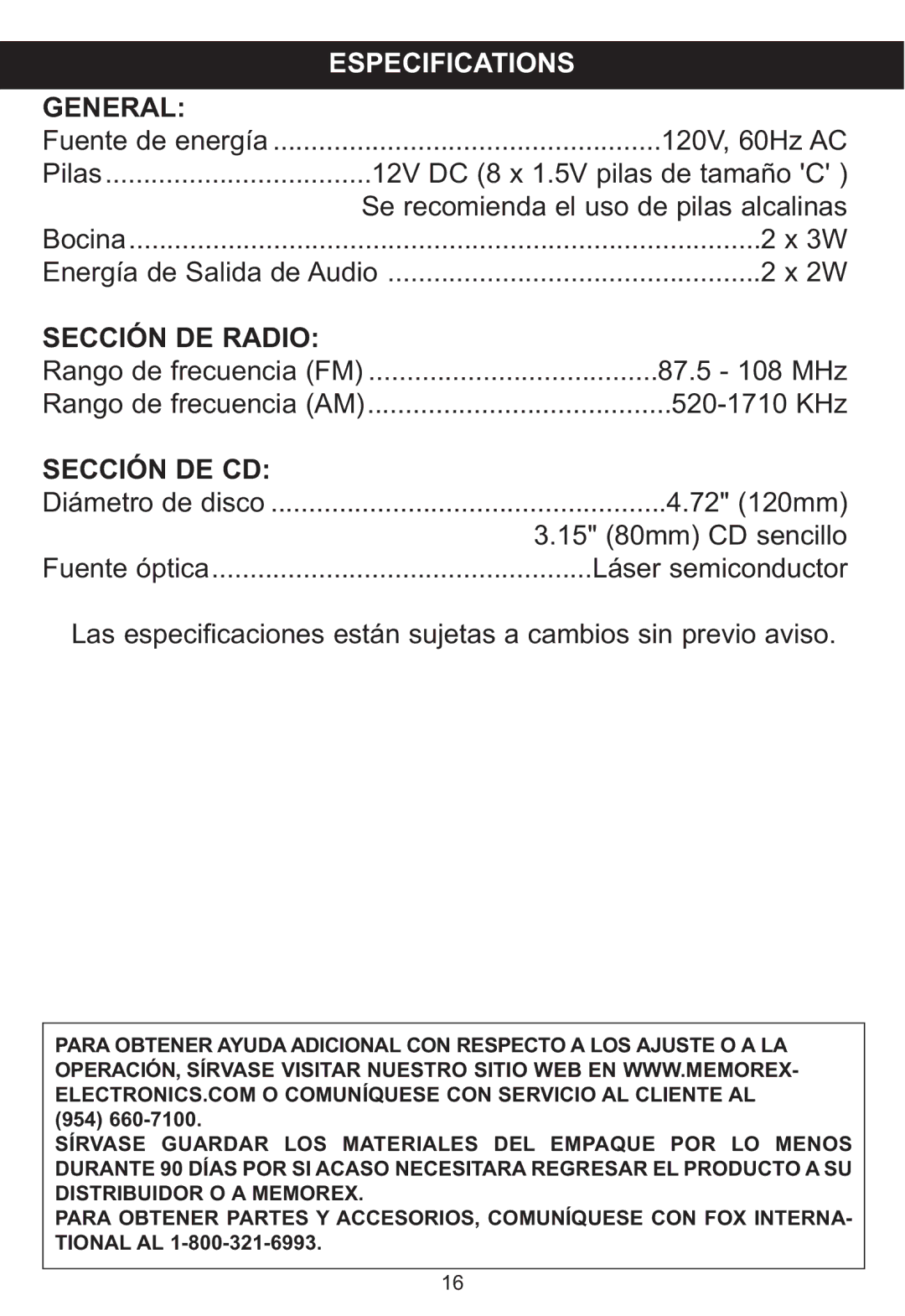 Memorex MP3851SP manual Especifications, Sección DE Radio 