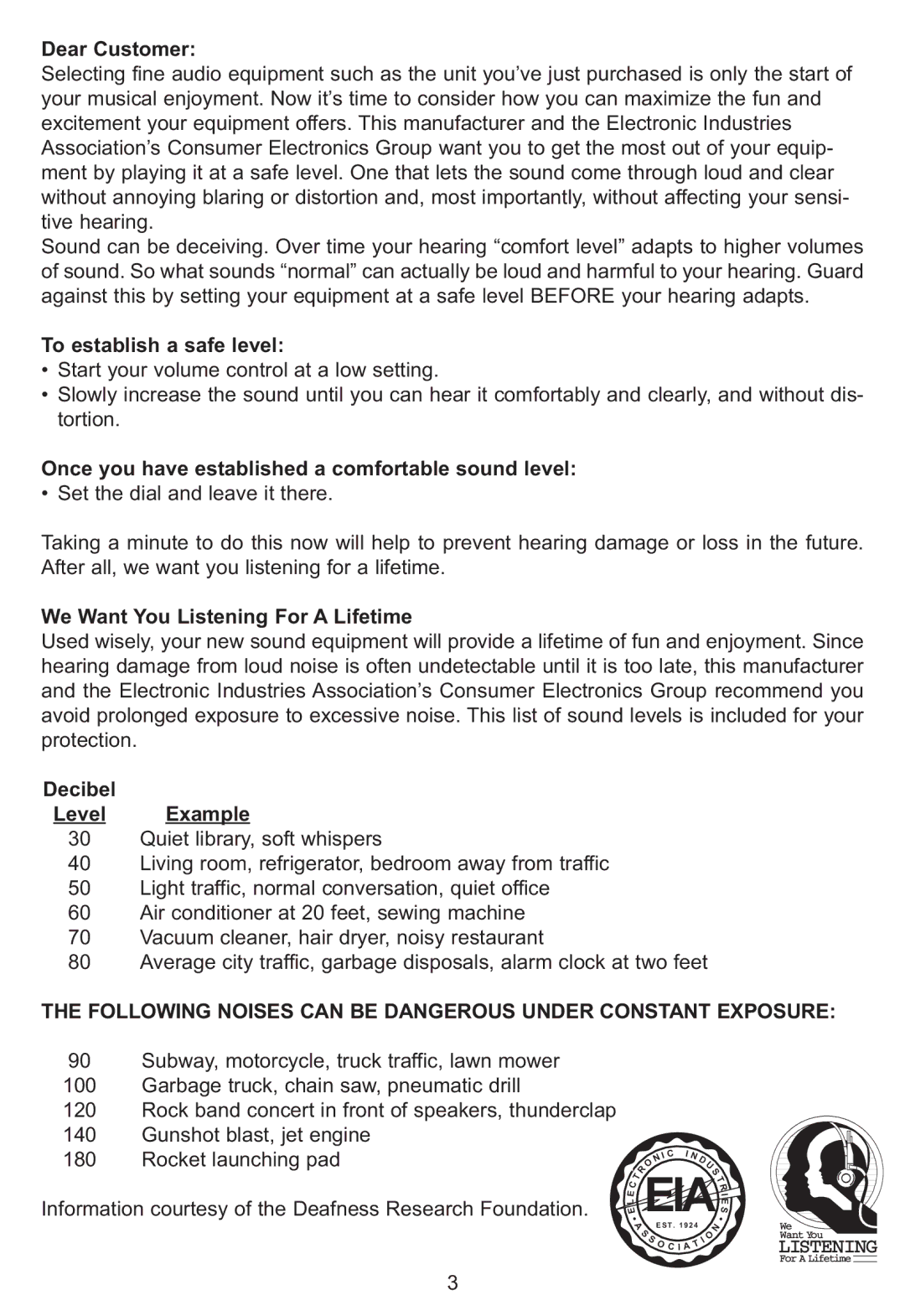 Memorex MP3851SP manual Dear Customer, Following Noises can be Dangerous Under Constant Exposure 