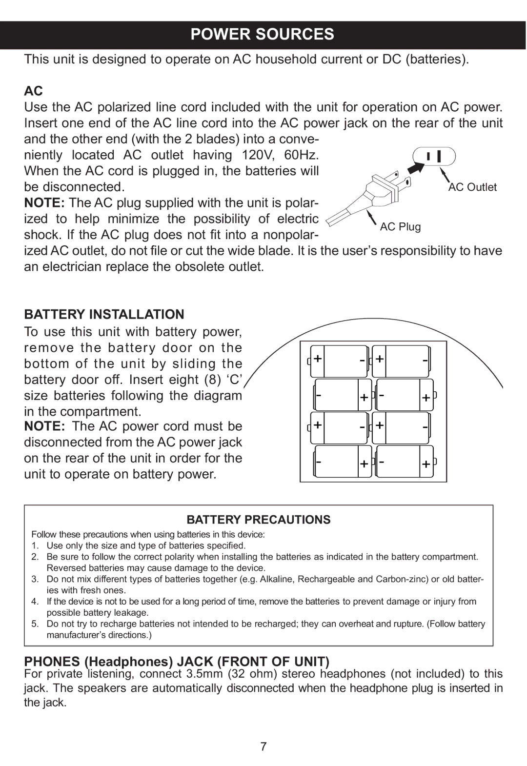 Memorex MP3851SP manual Power Sources, Battery Installation, Phones Headphones Jack Front of Unit, Battery Precautions 