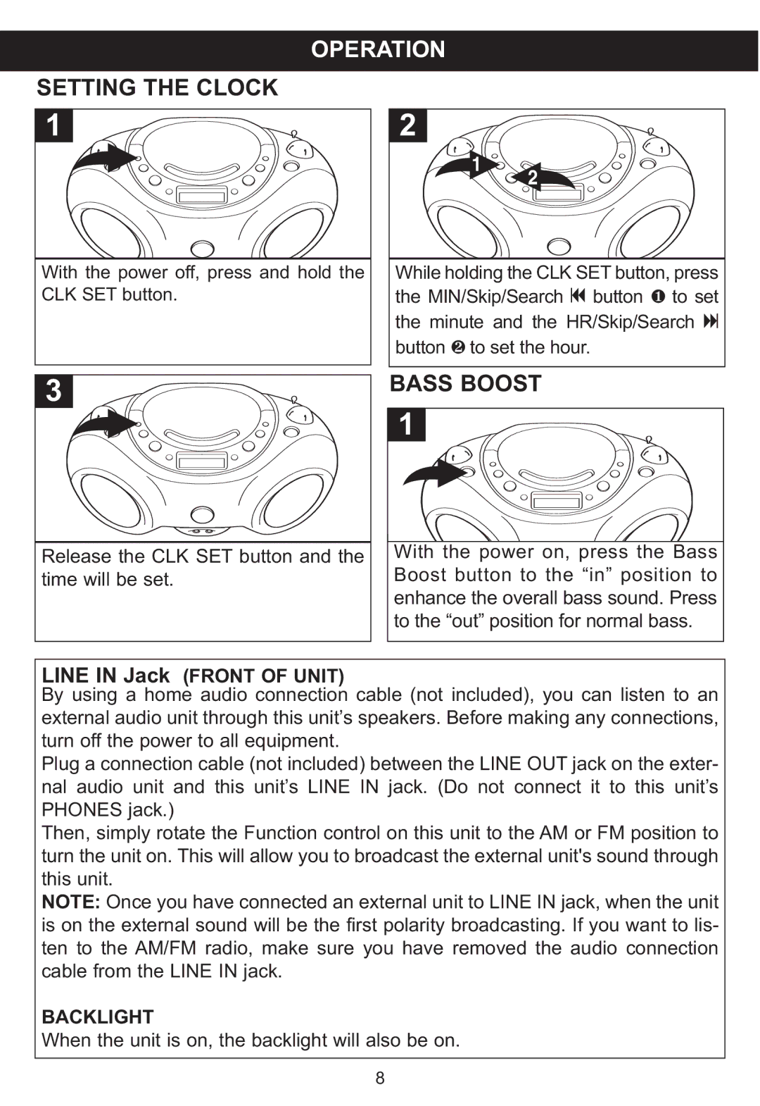 Memorex MP3851SP manual Operation, Line in Jack Front of Unit, Backlight 