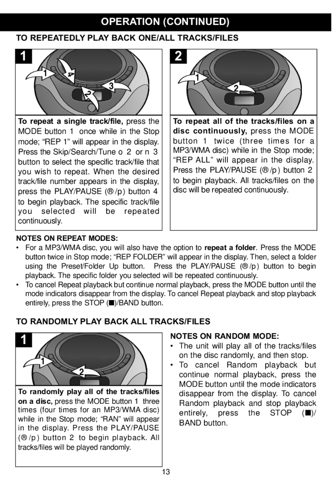 Memorex MP4047 manual To Repeatedly Play Back ONE/ALL TRACKS/FILES, Disc continuously, press the Mode 