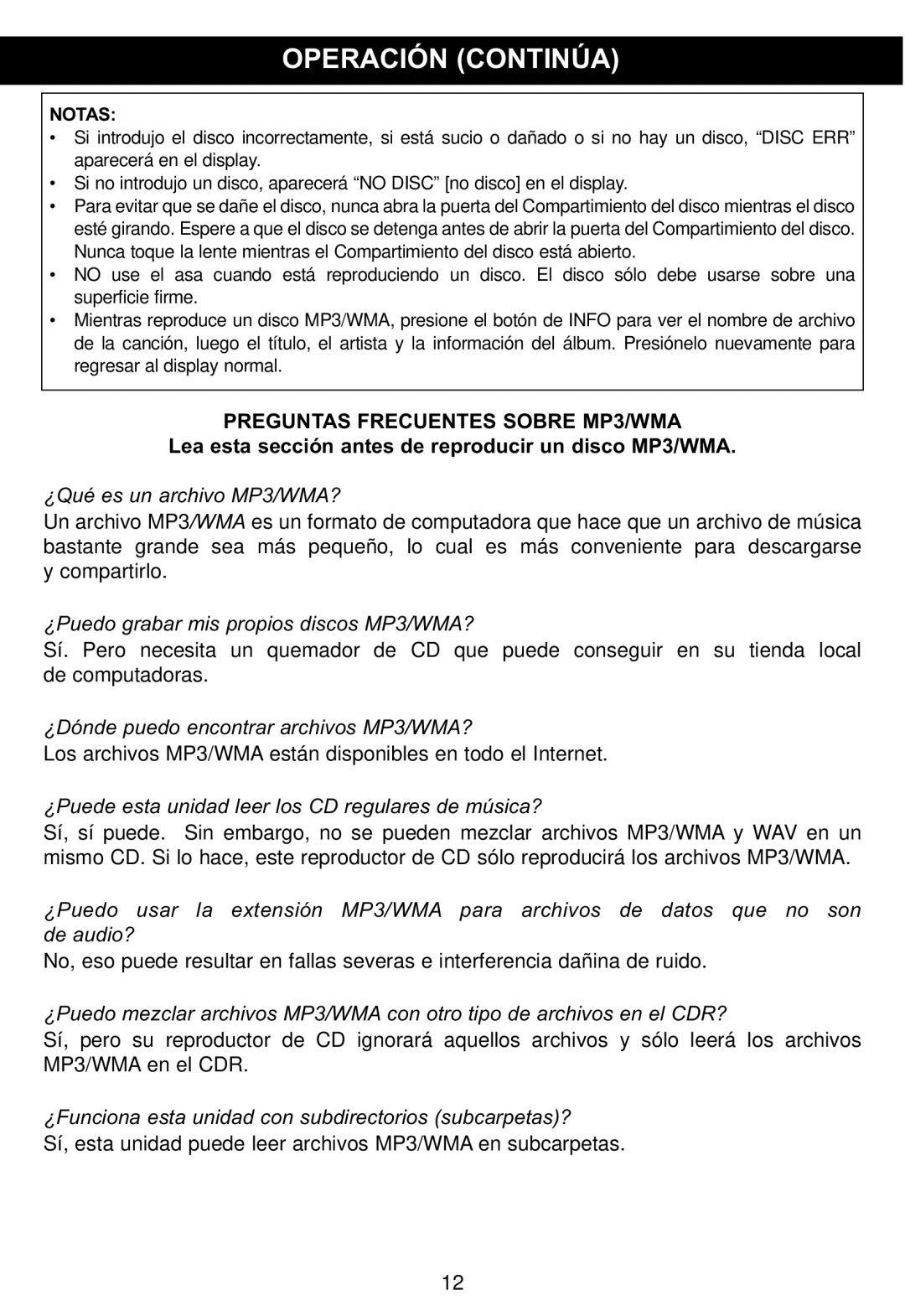 Memorex MP4047 manual Preguntas Frecuentes Sobre MP3/WMA 