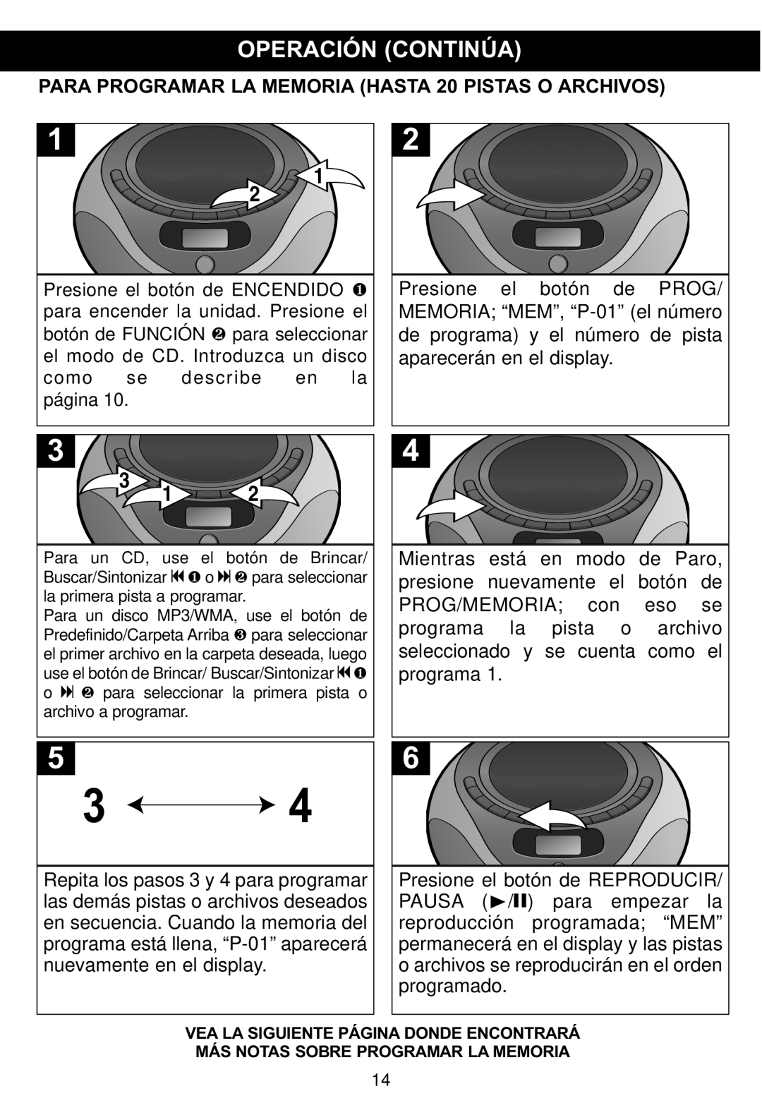 Memorex MP4047 manual Para Programar LA Memoria Hasta 20 Pistas O Archivos 