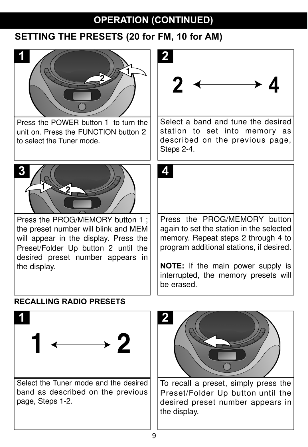 Memorex MP4047 manual Setting the Presets 20 for FM, 10 for AM, Recalling Radio Presets 