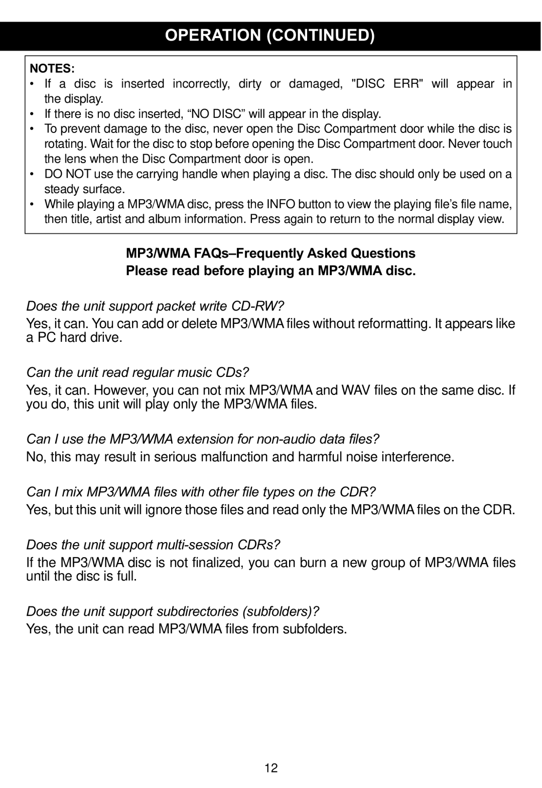 Memorex MP4047 manual Does the unit support subdirectories subfolders? 