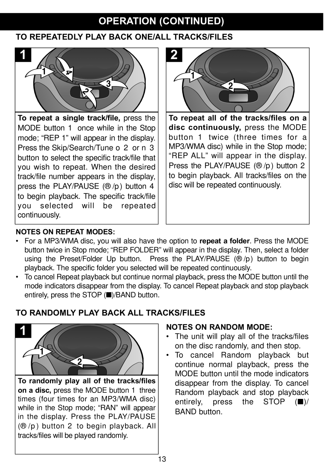 Memorex MP4047 manual To Repeatedly Play Back ONE/ALL TRACKS/FILES, Disc continuously, press the Mode 