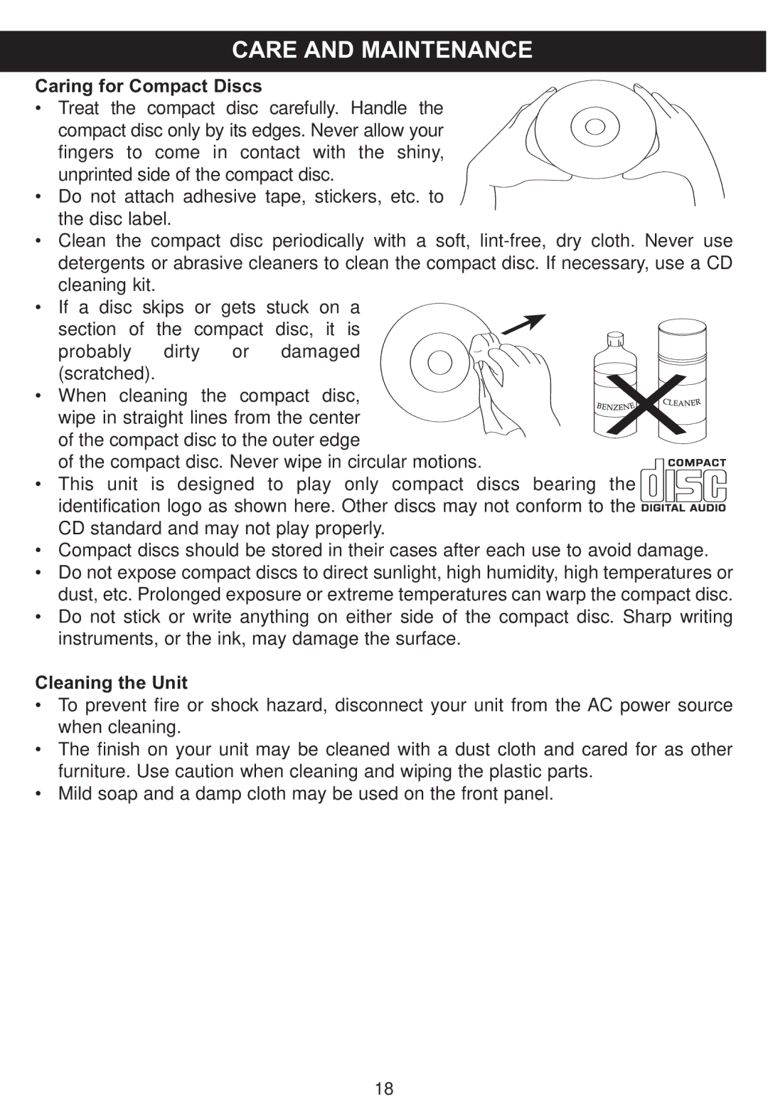 Memorex MP4047 manual Care and Maintenance, Caring for Compact Discs, Cleaning the Unit 